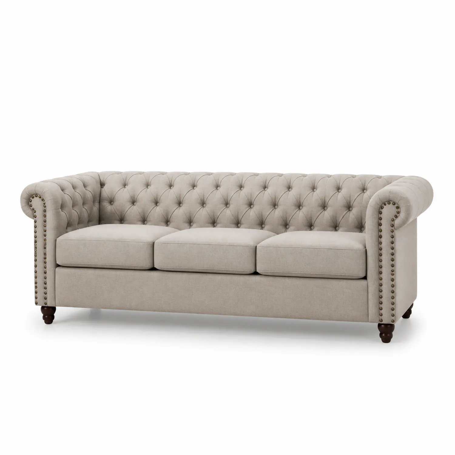 Sofa trzyosobowa Chesterfield z tkaniny beżowa 220cm
