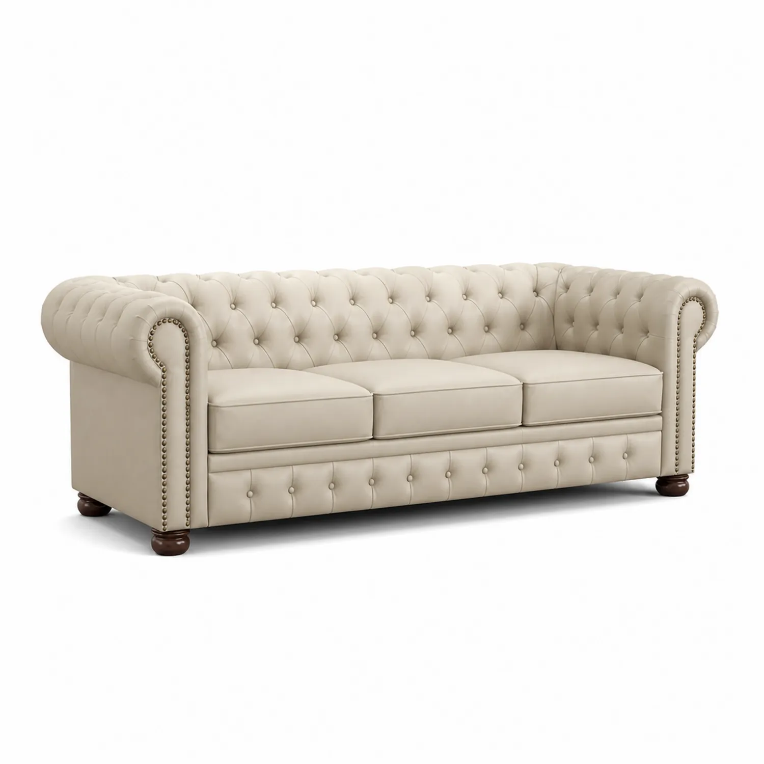 Sofa Chesterfield Trzyosobowa Skórzana Beżowa