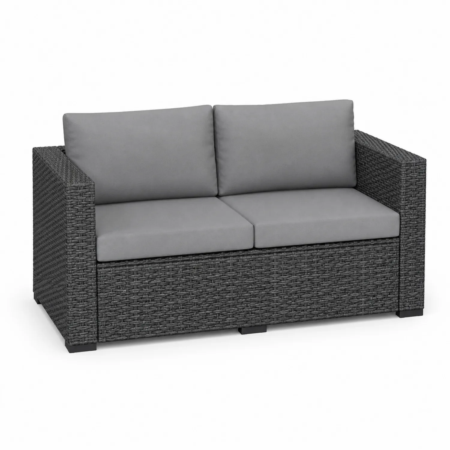 Dwuosobowa sofa technorattanowa z szarymi poduszkami 120x75x65cm