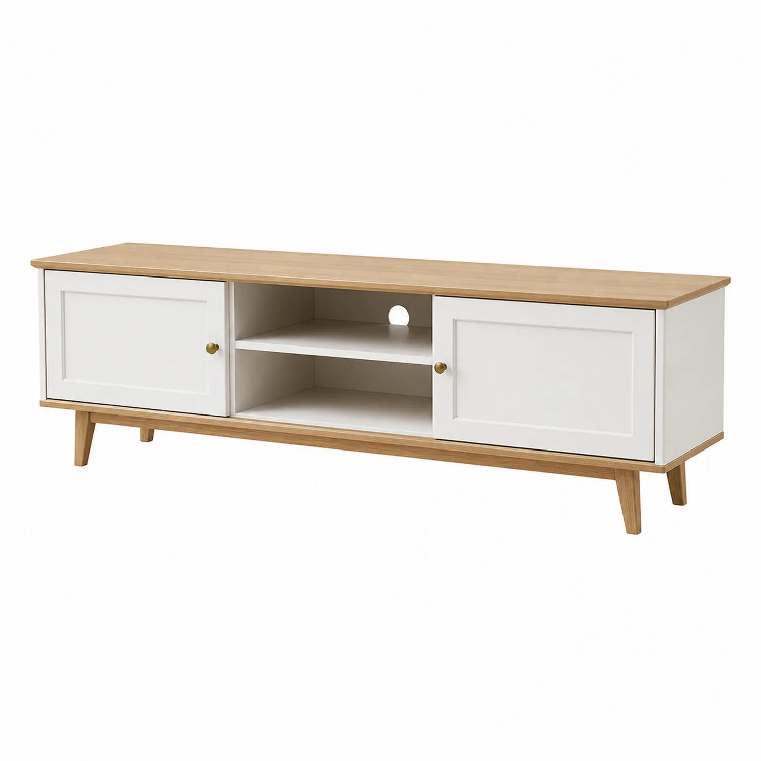Drewniana szafka RTV z dębu i MDF o wymiarach 160x40x45 cm Biała i Dębowa-ardessaliving