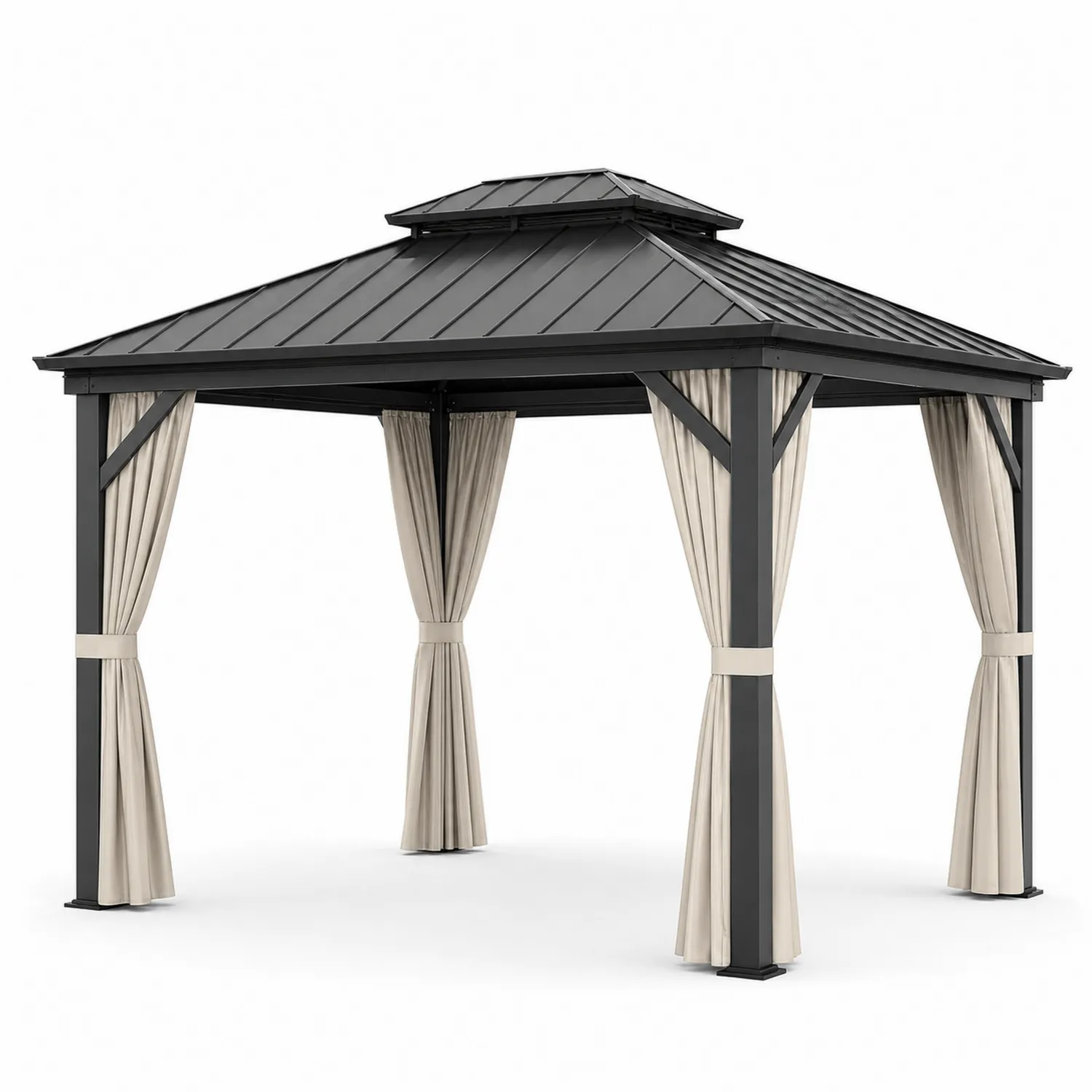 Altana ogrodowa metalowa z zasłonami 300x400 cm Czarny i Beżowy-ardessaliving