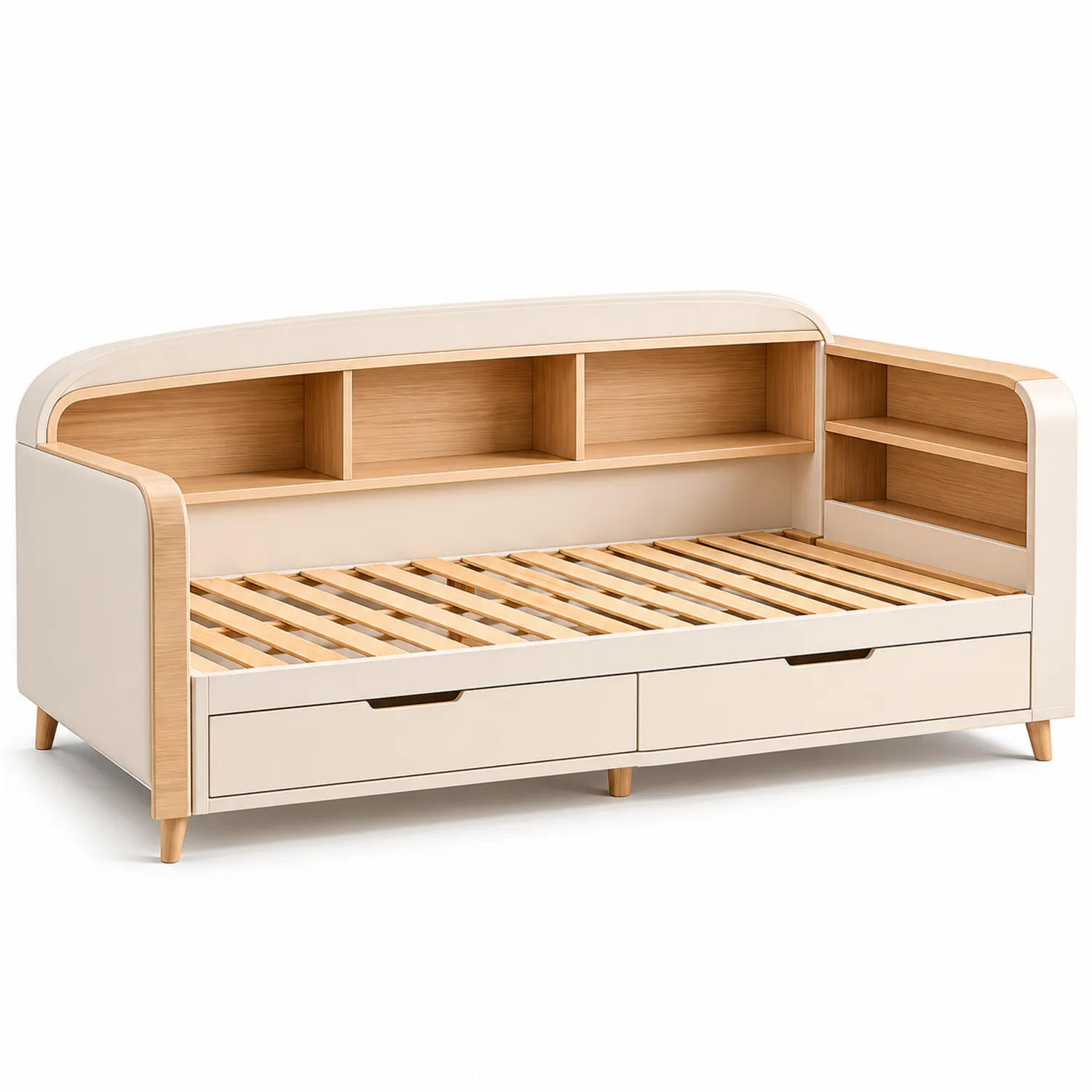 Łóżko dzienne z półkami i szufladami 200x90 cm Kremowe-ardessaliving