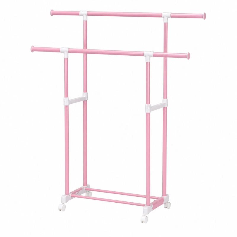 Doppelstufiger Kleiderstaender auf Rollen Verstellbar Metall Rosa-orderrenoza 