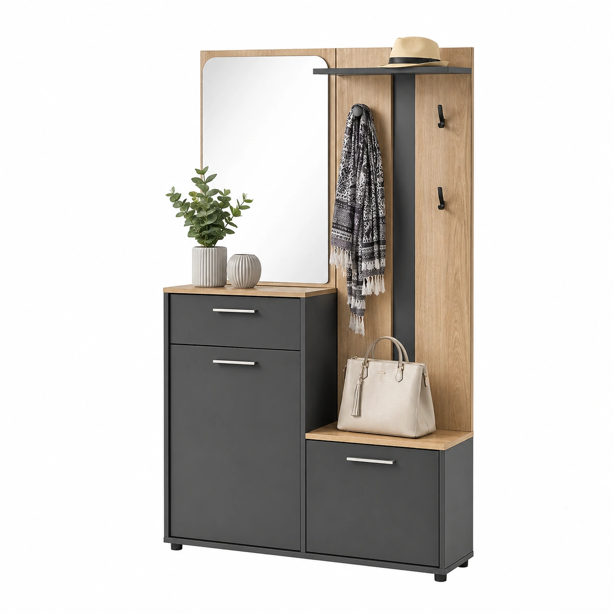 Moderne Kompaktgarderobe in Anthrazit & Eiche – Minimalistisches Flur-Set mit Spiegel, Stauraum & Haken (ca. 112x35x197 cm)-cartpavo