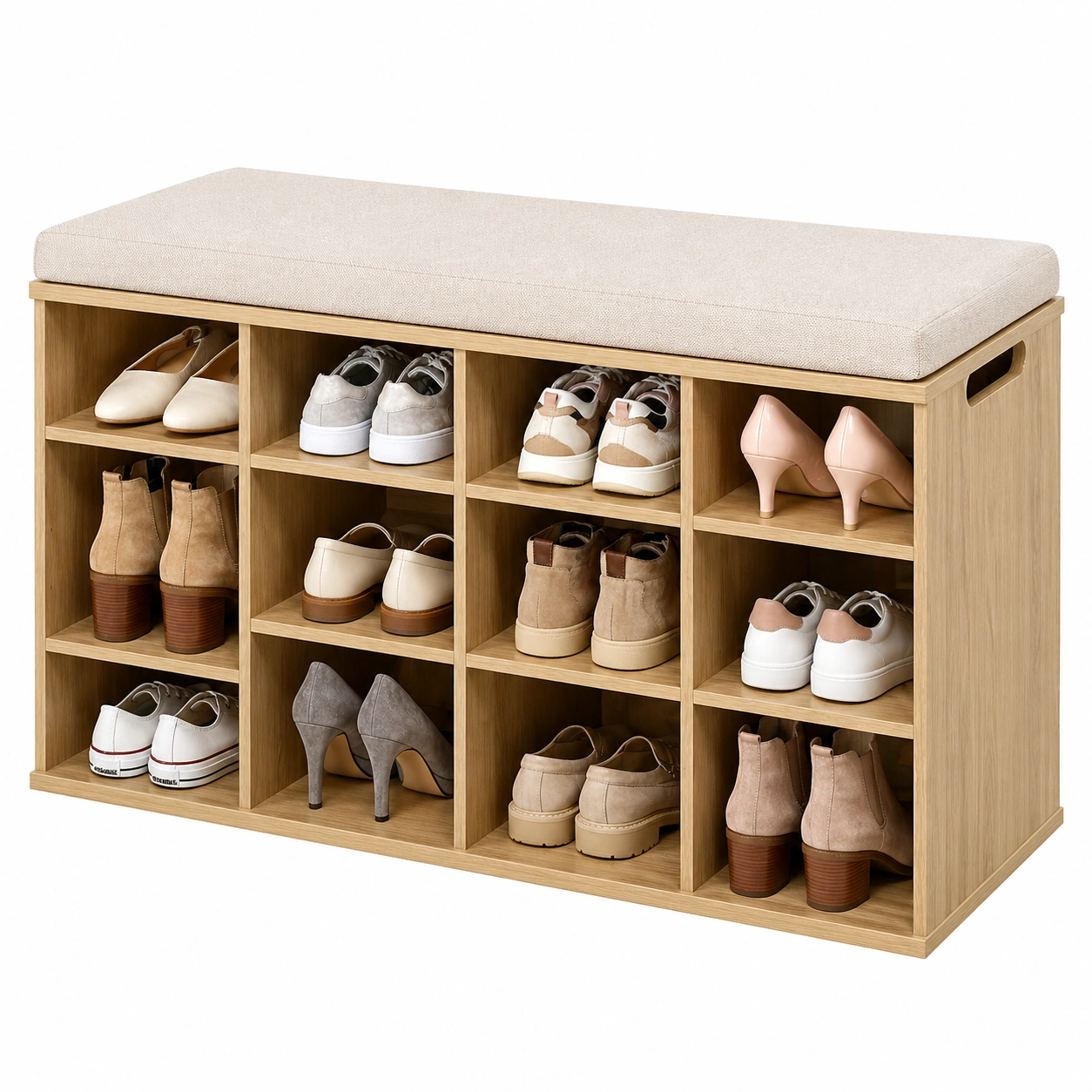 Moderner Schuhschrank mit Sitzkissen in Eiche Natur – Praktische Aufbewahrungsbank mit Komfort-cartpavo