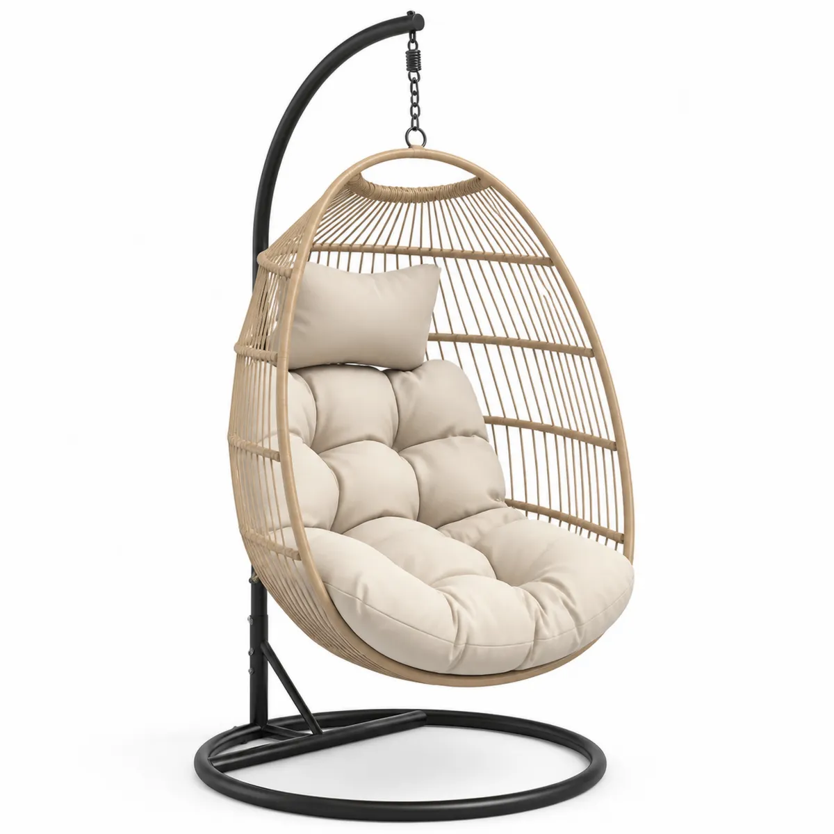 Rattan Hängesessel mit Stahlgestell und Kissen Beige