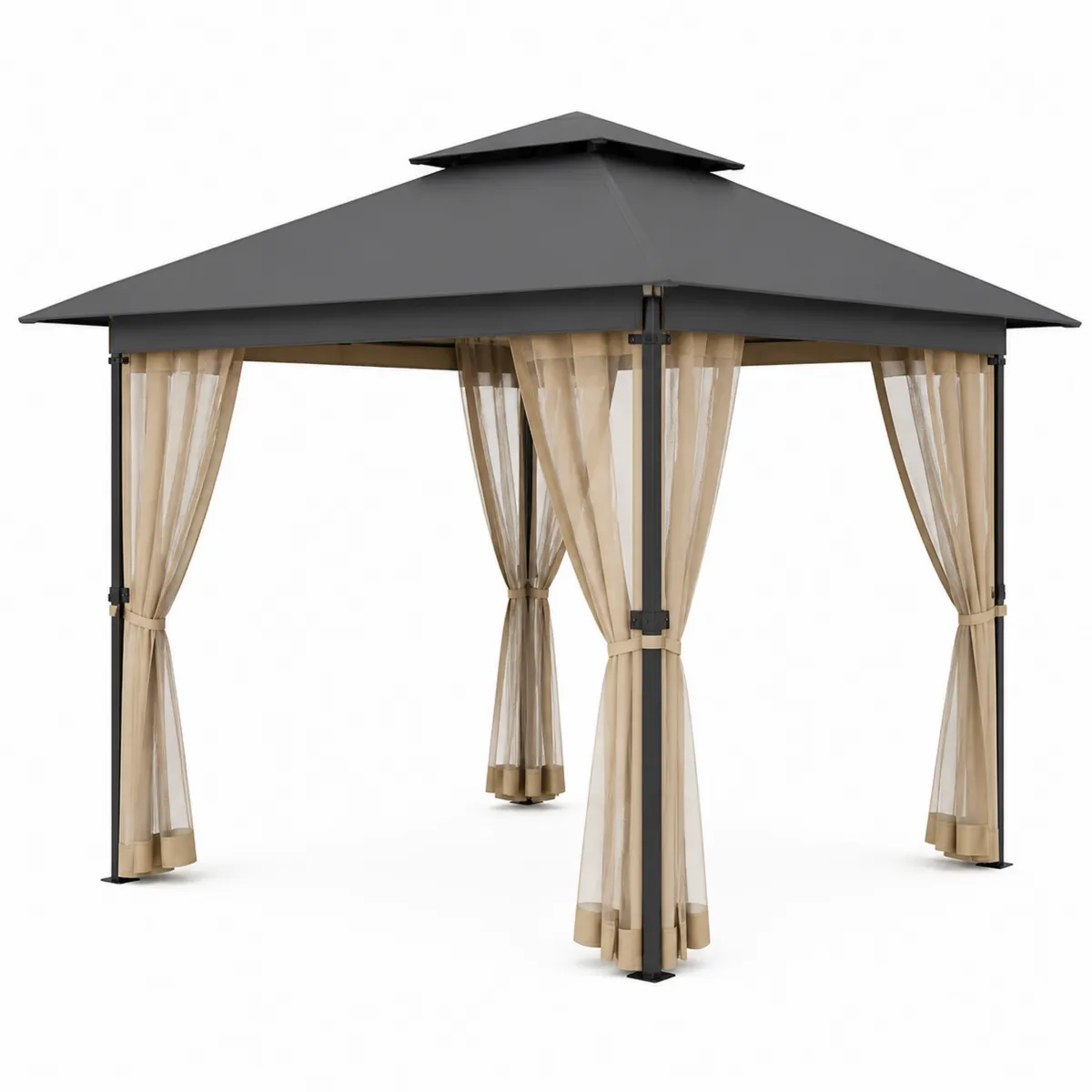 Pavillon 3x3m Stahl mit Polyester Dach und Vorhängen Beige
