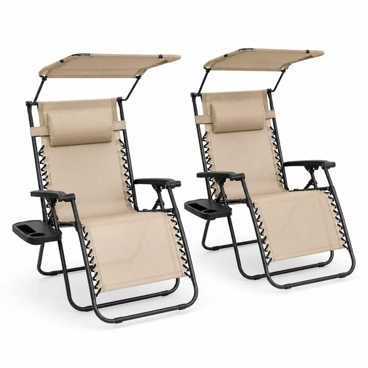 Set aus zwei Klappbaren Gartenliegen mit Sonnendach Beige Stahlrahmen