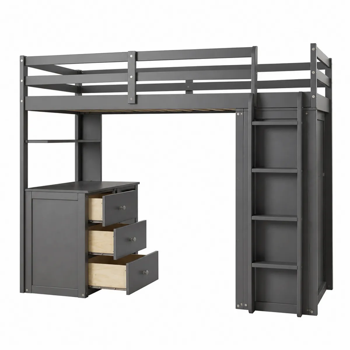 Hochbett mit Schreibtisch und Schubladen, Holz, 200x100x180 cm, Grau