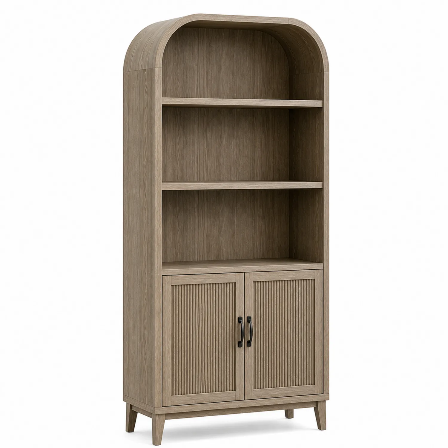 Holz-Bücherregal mit Gewölbtem Oberteil und Türen Eiche 180x80x30cm