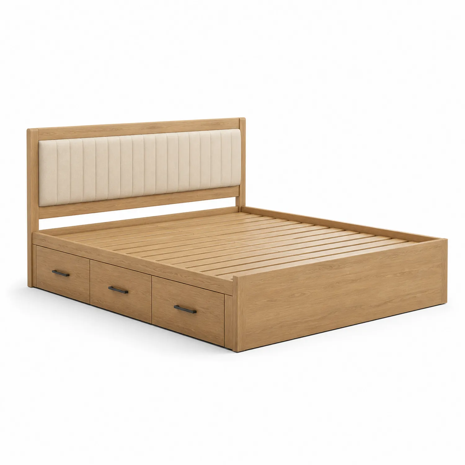 Doppelbett aus Eichenholz mit Stauraum und Polsterkopfteil in Beige 200x180 cm