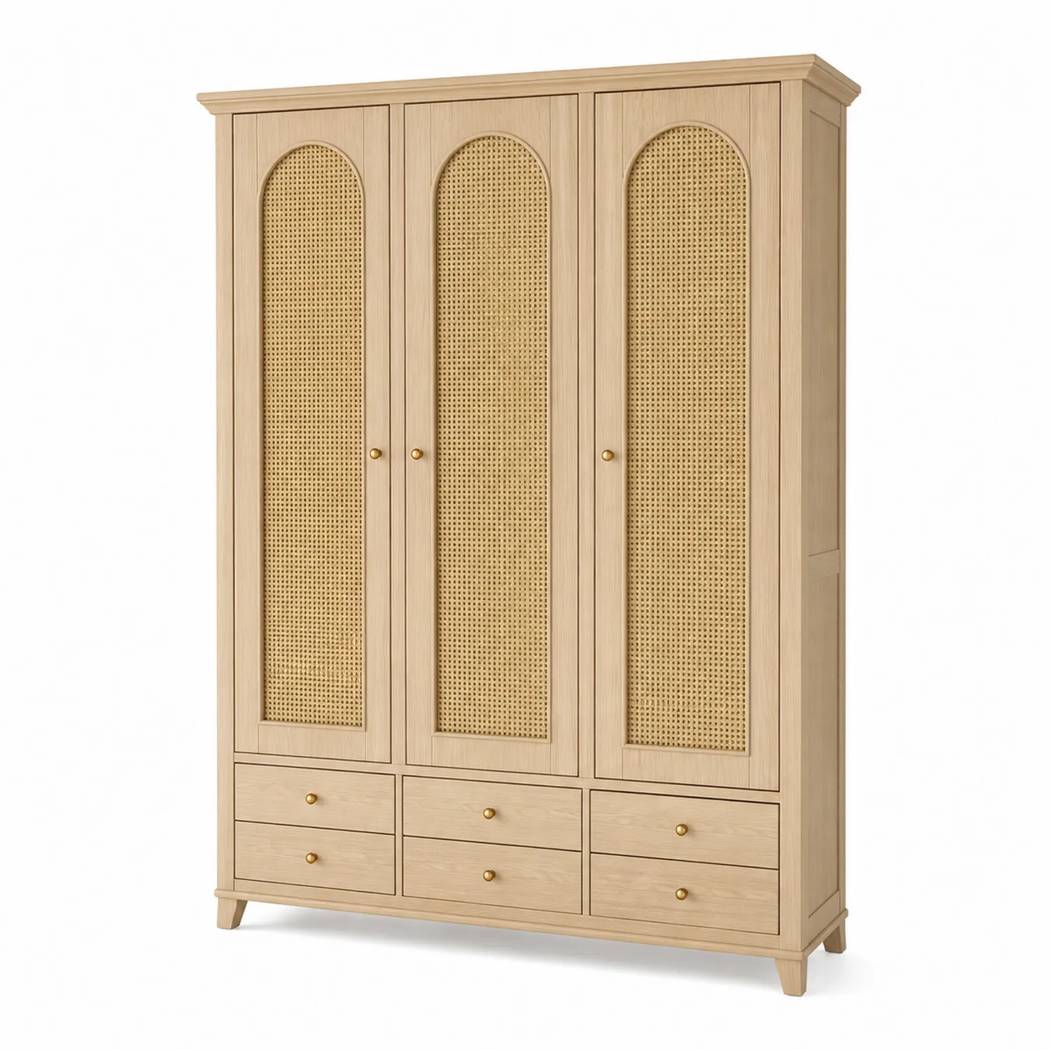Kleiderschrank Massivholz Rattan 3-türig mit 6 Schubladen Natur