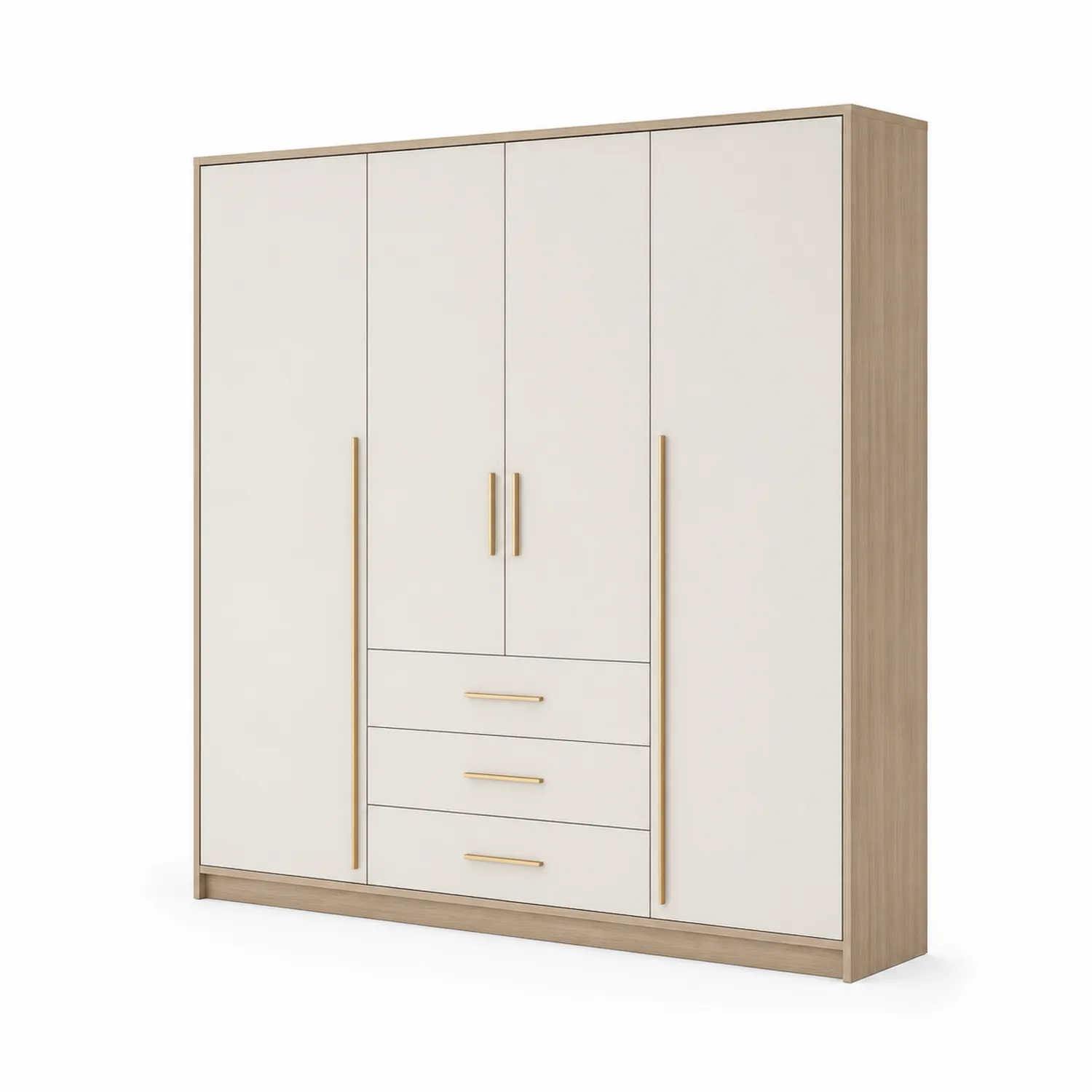 4-türiger Kleiderschrank mit 3 Schubladen, Holzfurnier, Beige, 180x60x210 cm