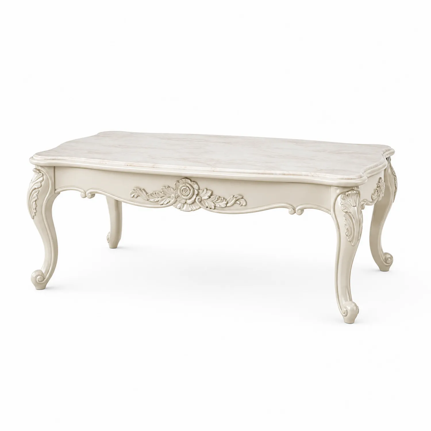 Holz Kaffeetisch mit Marmorplatte Creme 110x60x45cm