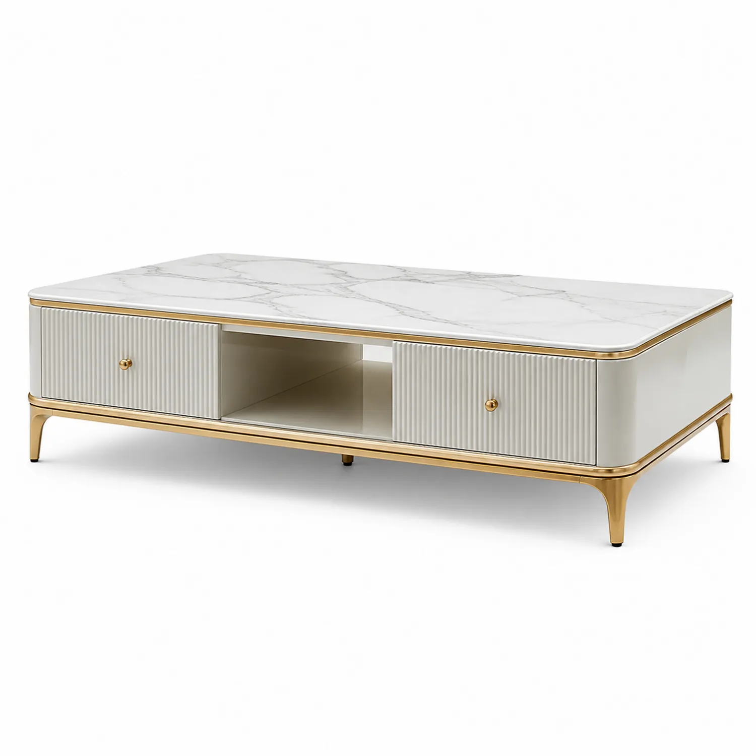 Rechteckiger Couchtisch mit Calacatta-Marmor und Metallbeinen Weiß/Gold