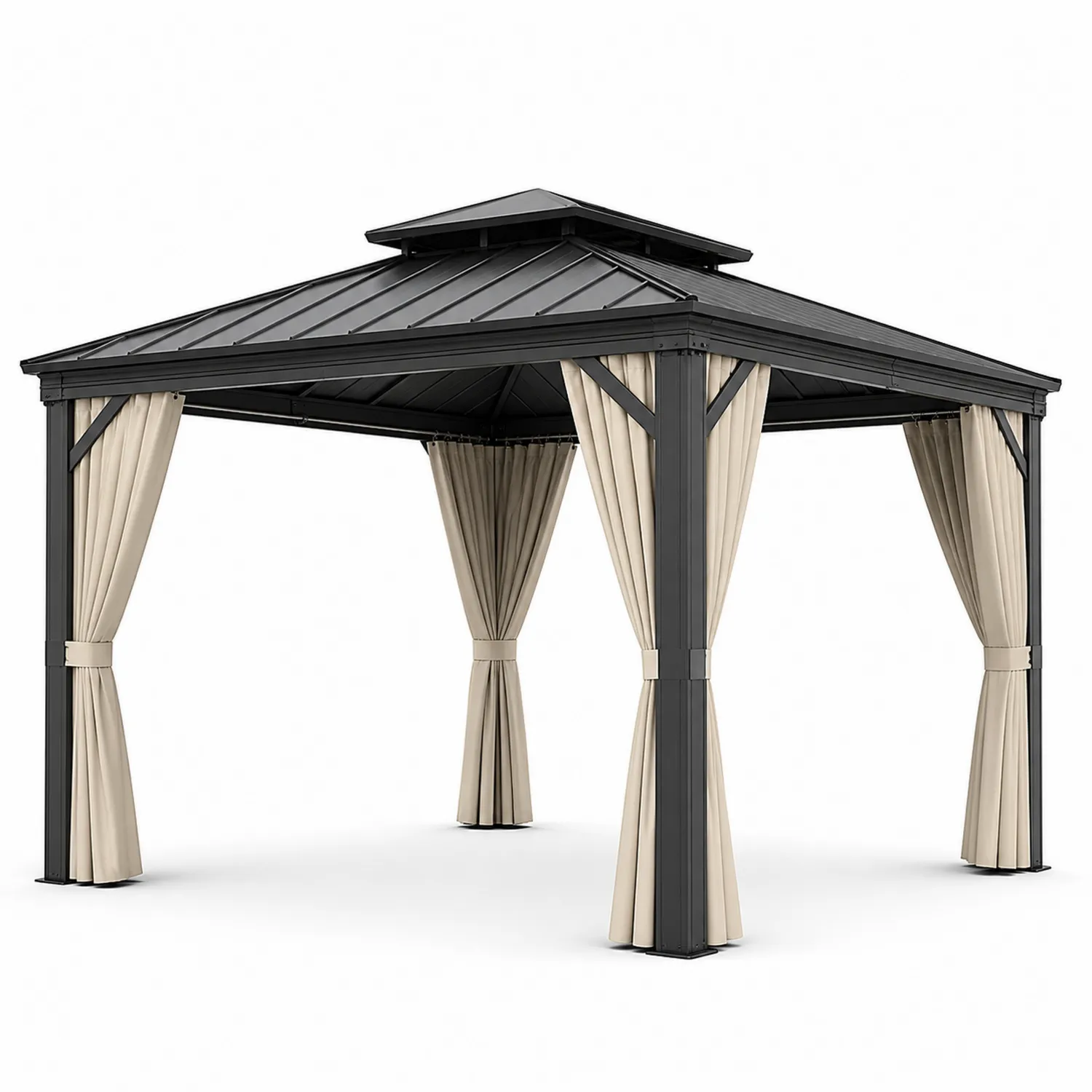 Rechteckiger Aluminium Gartenpavillon Grau mit Polyester-Vorhängen