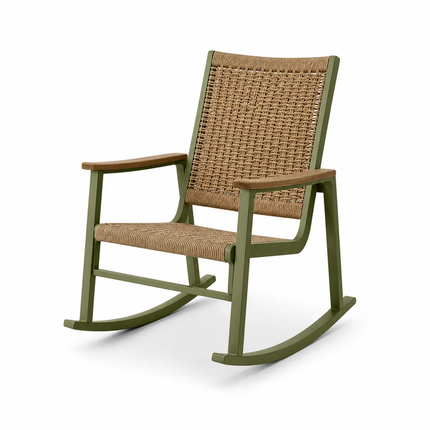 Schaukelstuhl aus Metall mit Polyrattan und Teakholz
