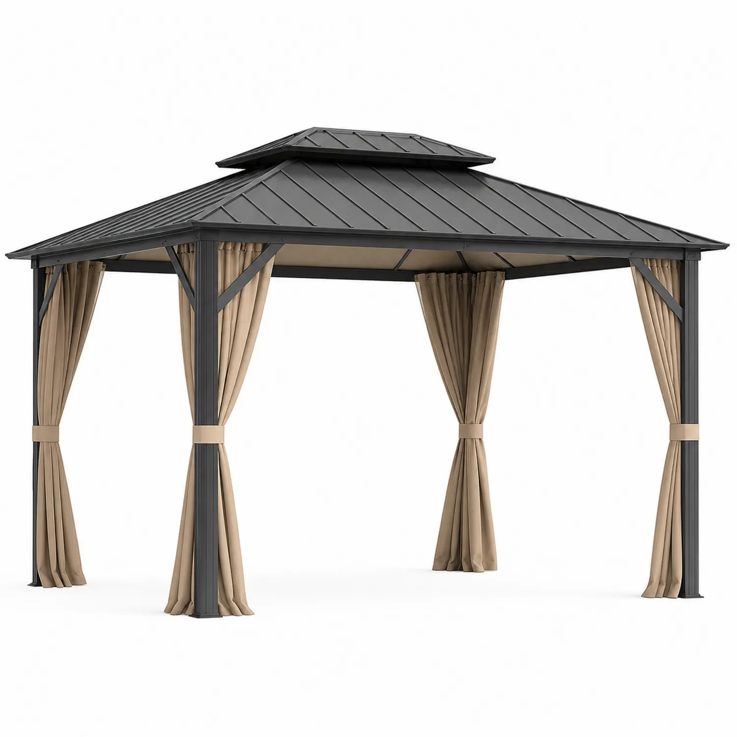 Aluminium Pavillon mit PVC Dach und Polyester Vorhängen 3x3m Dunkelgrau/Beige