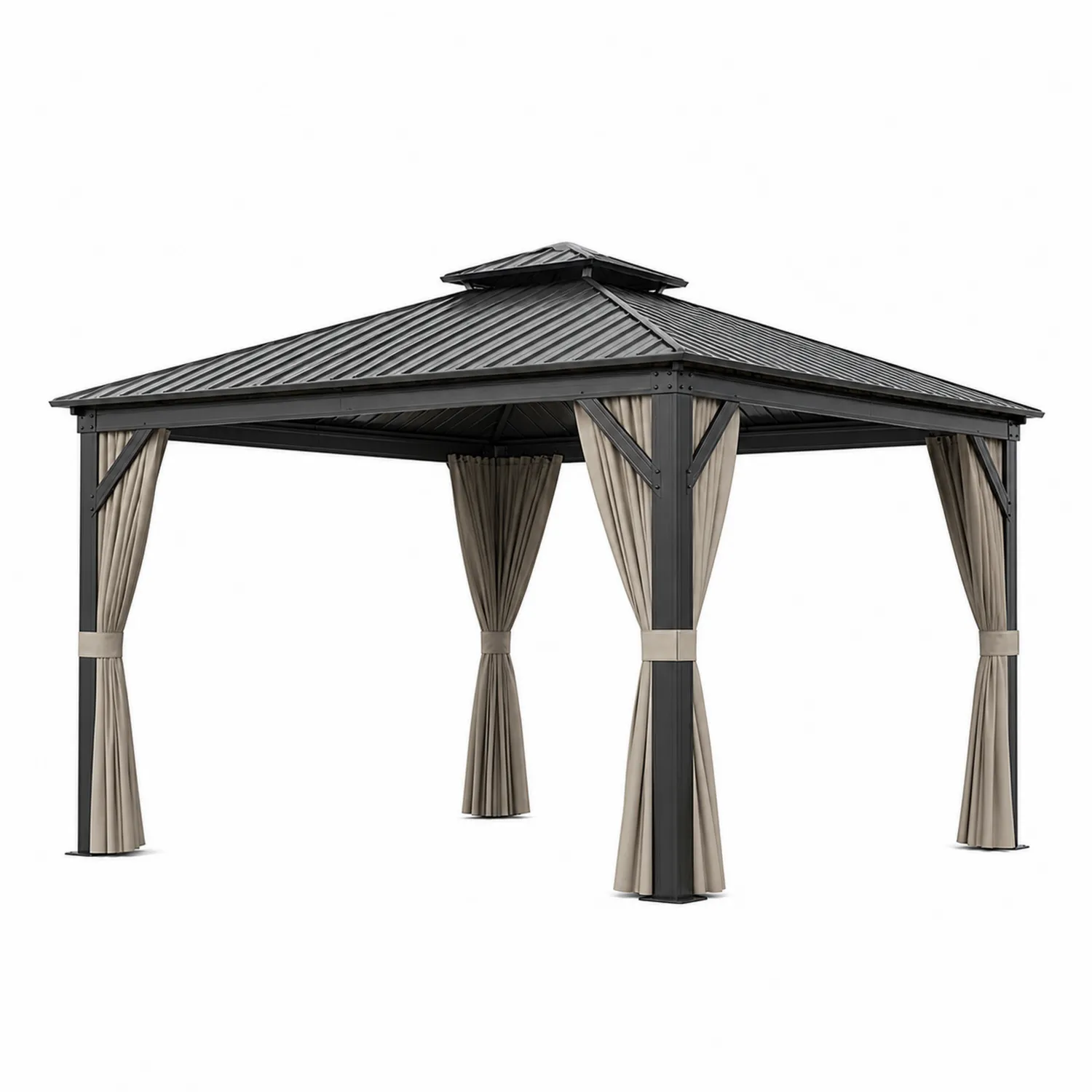 Metallpavillon mit Aluminiumdach und Polyester-Vorhängen Grau/Beige