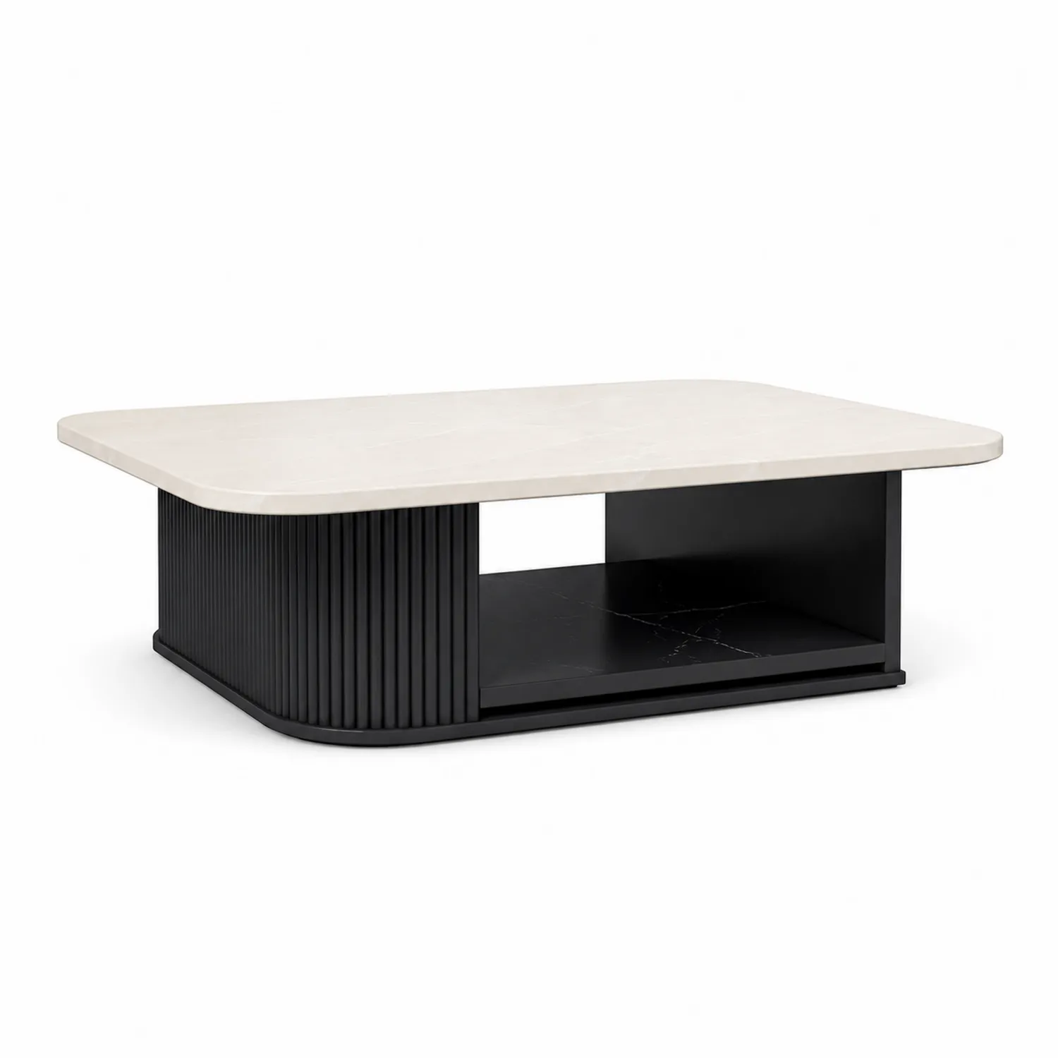 Rechteckiger Couchtisch aus Marmor und Holz 120x60x40 cm Creme/Schwarz