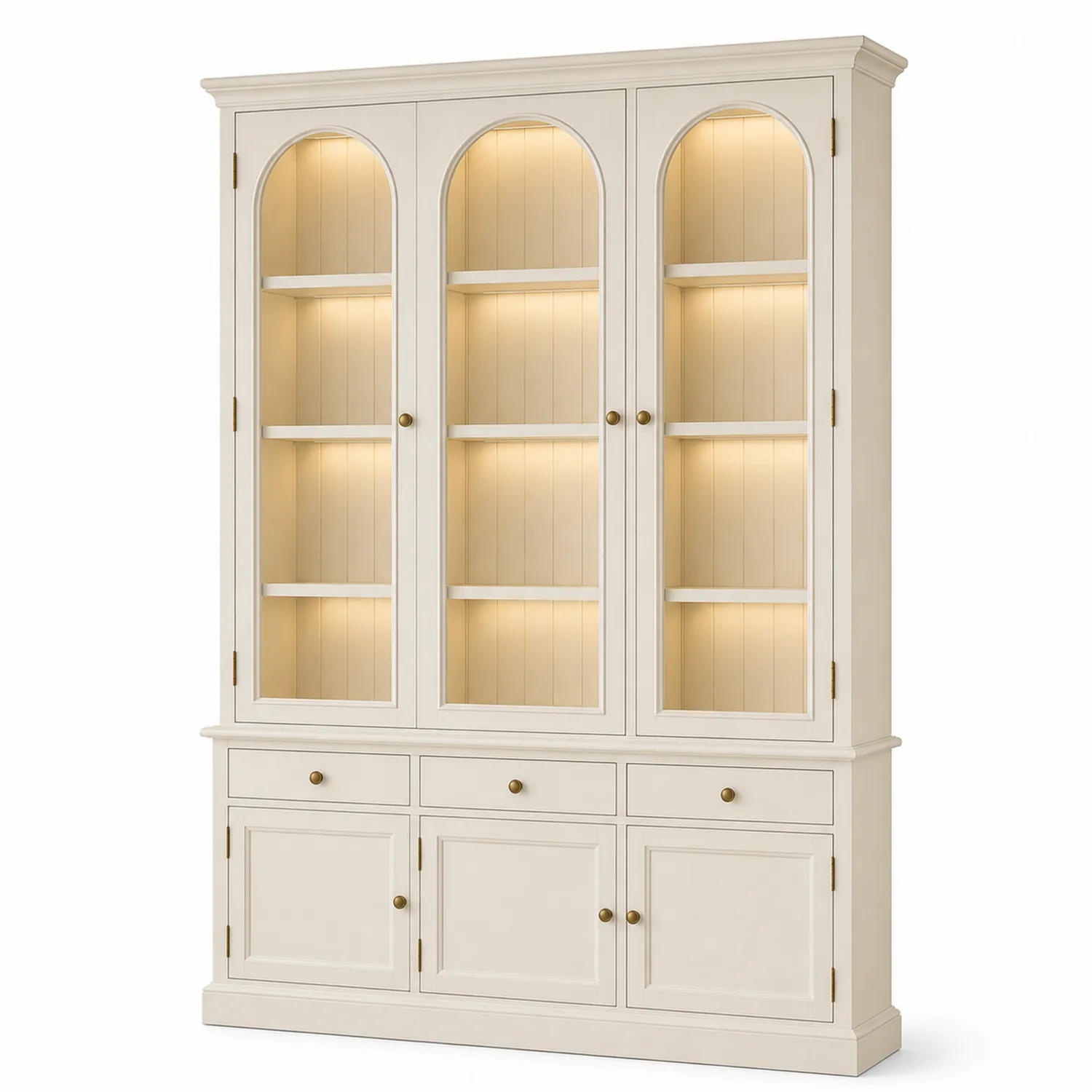 Beige Holz Bücherregal mit Glasfronten und LED-Beleuchtung