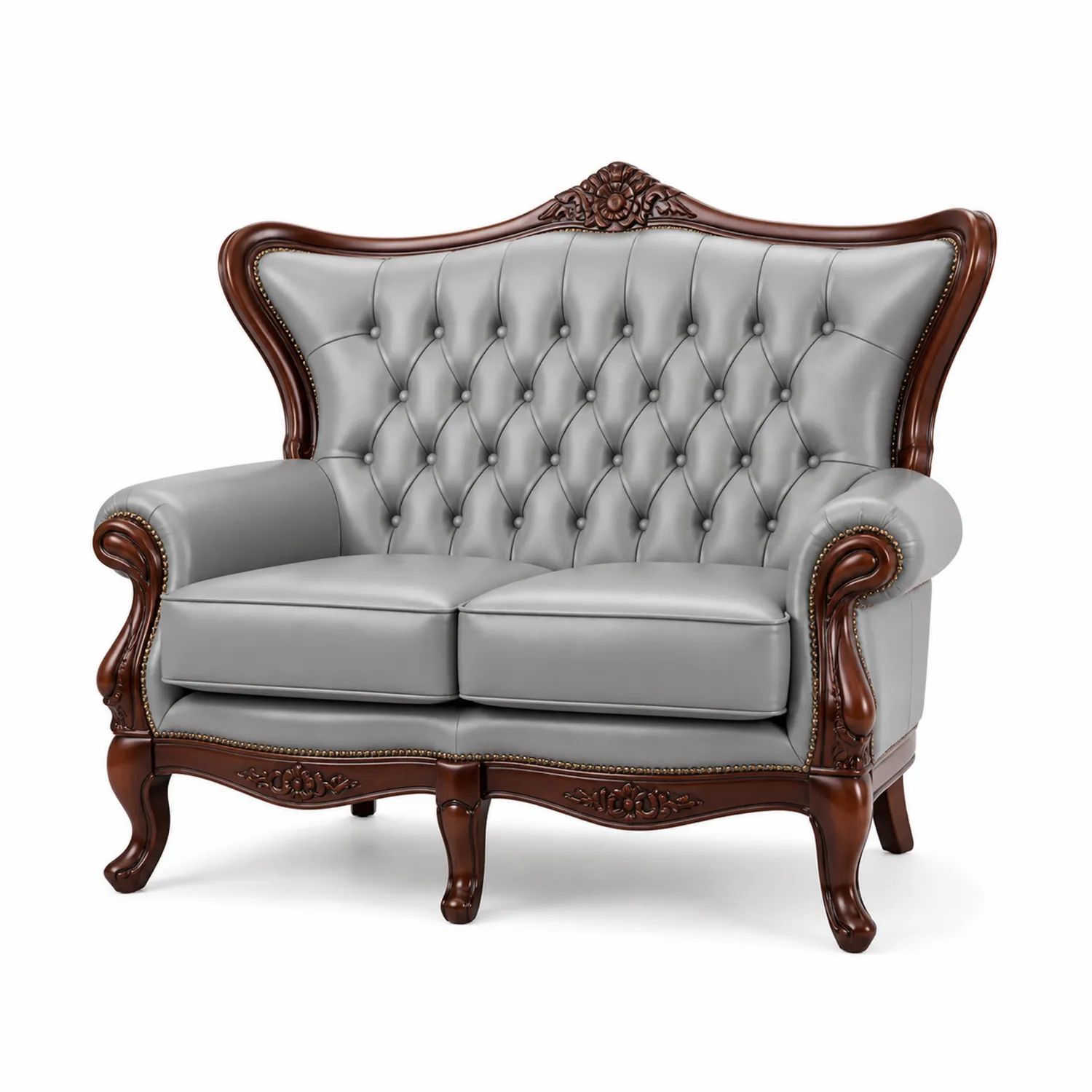 Chesterfield Sofa Zweisitzer Leder Massivholz Grau Dunkelbraun