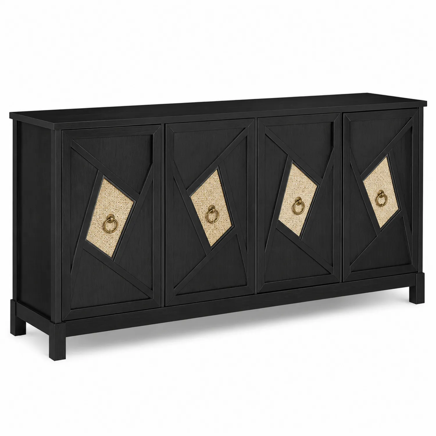 Schwarzer Holzschrank mit geometrischem Muster und goldenen Akzenten, 160x40x80 cm