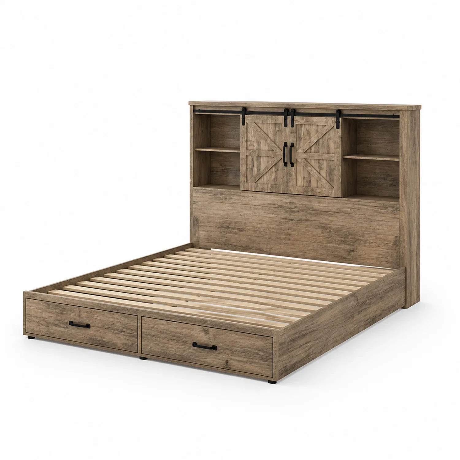 Eichenholzbett mit Kopfteilregal und Schubladen 200x160 cm Braun