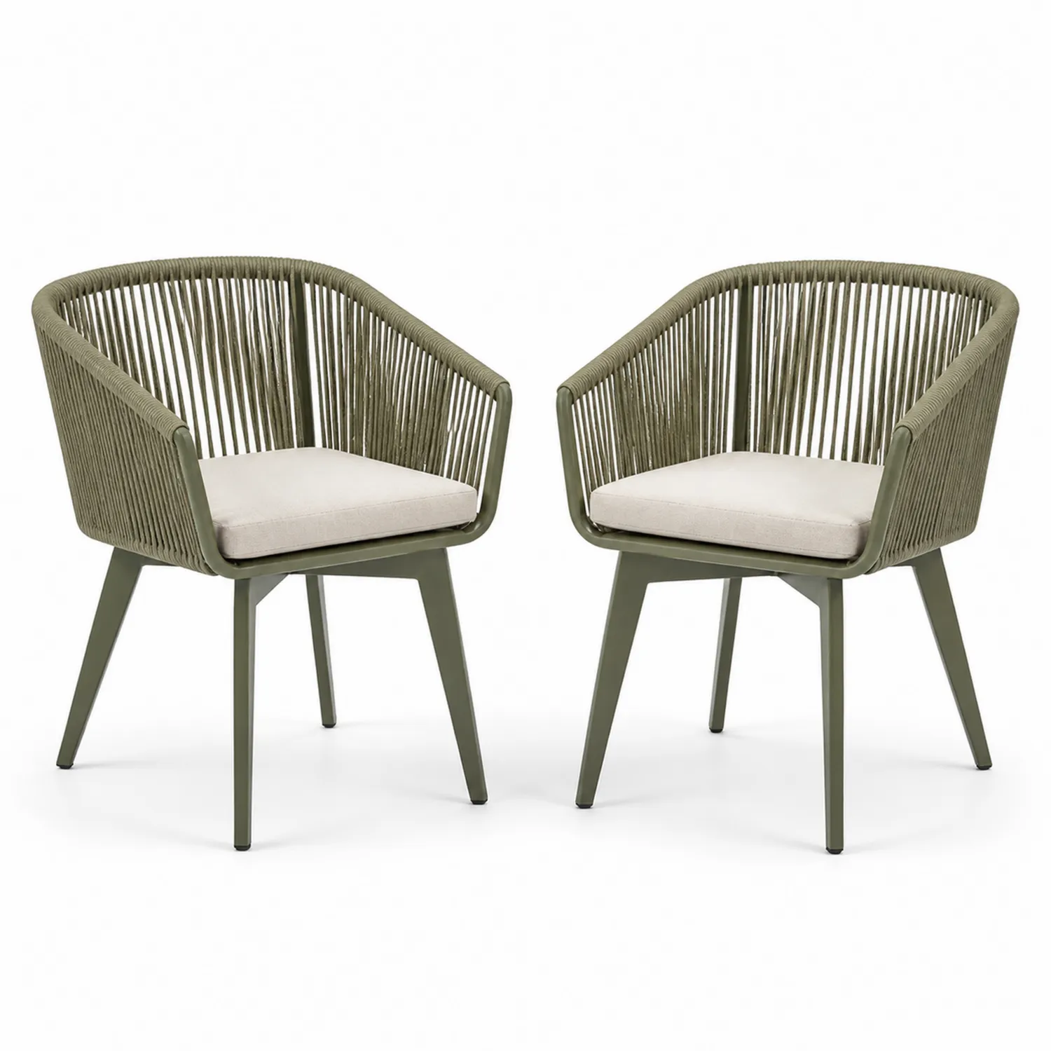 Set aus 2 Gartenstühlen aus Aluminium mit Seil in Olivgrün und beigem Polyesterkissen