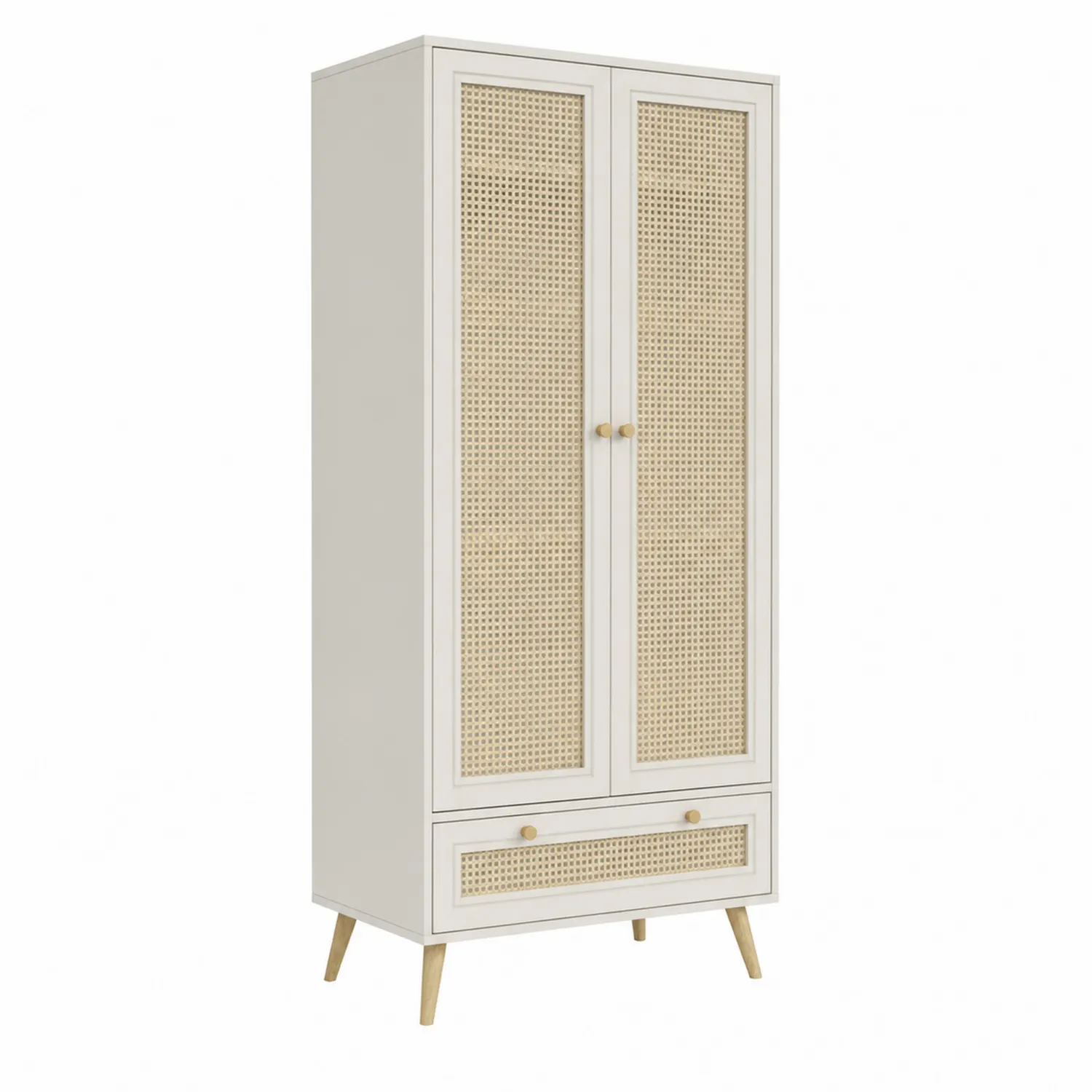 Kleiderschrank mit Rattantüren Holz Weiß/Natur