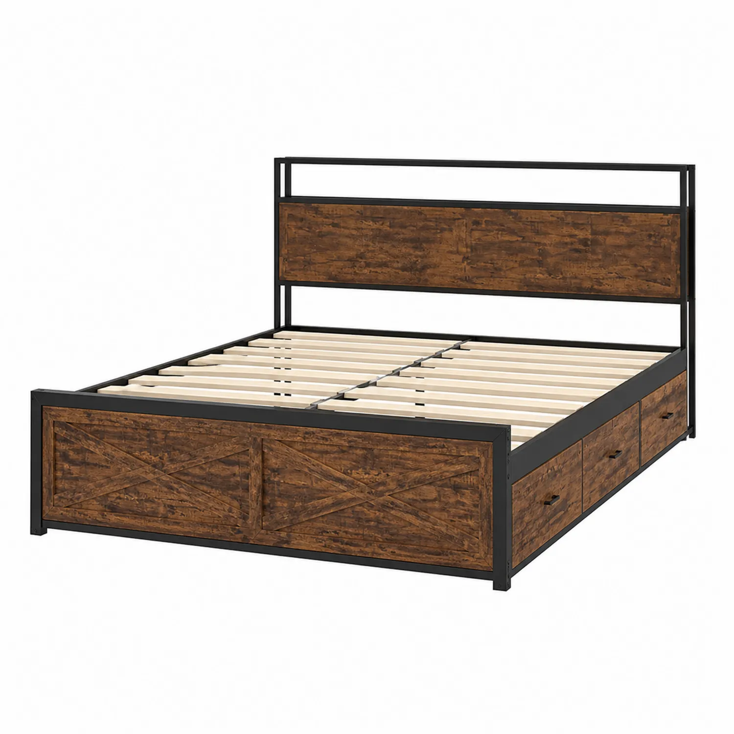 Metall-Holzbett mit Stauraum 160x200 cm Stahlrahmen Braun/Schwarz