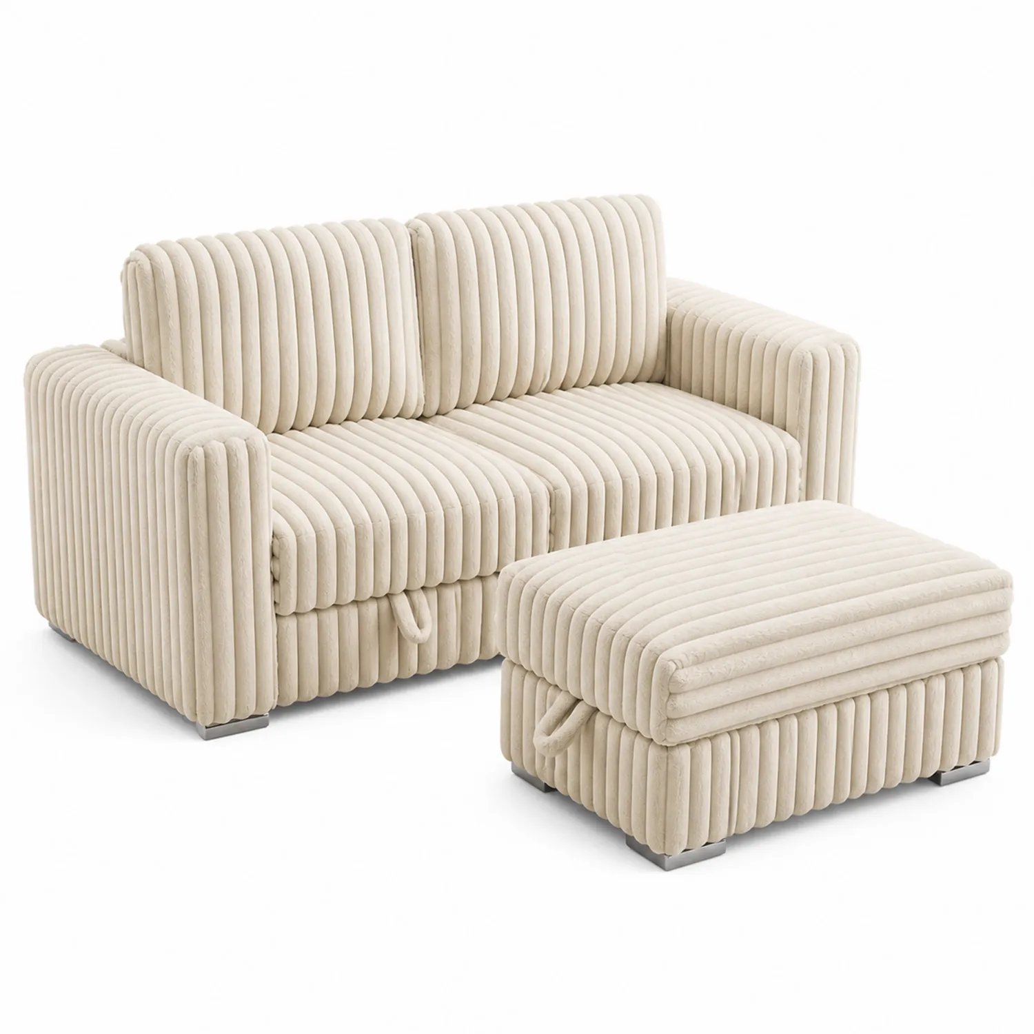 2-Sitzer Sofa mit Hocker Set Beige Samt