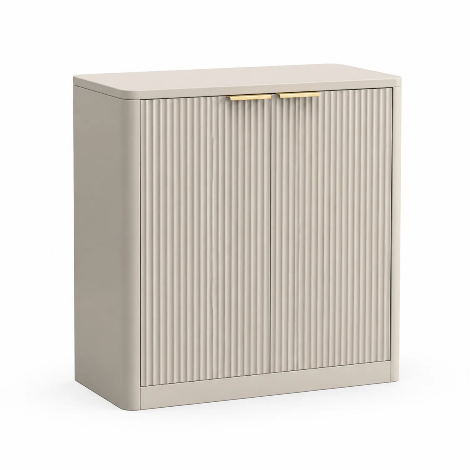 Rechteckiger MDF-Schrank mit Rillenstruktur und Metallgriffen in Beige