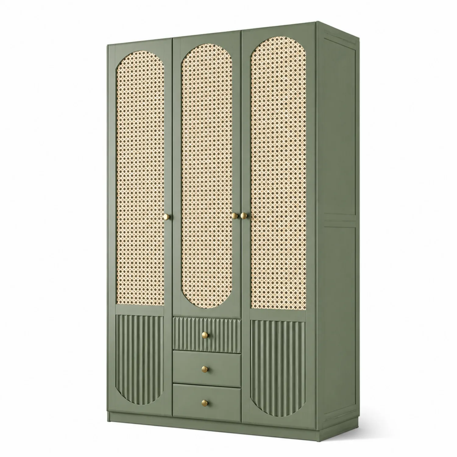 Dreitüriger Holzschrank mit Rattantüren und Metallgriffen in Grün