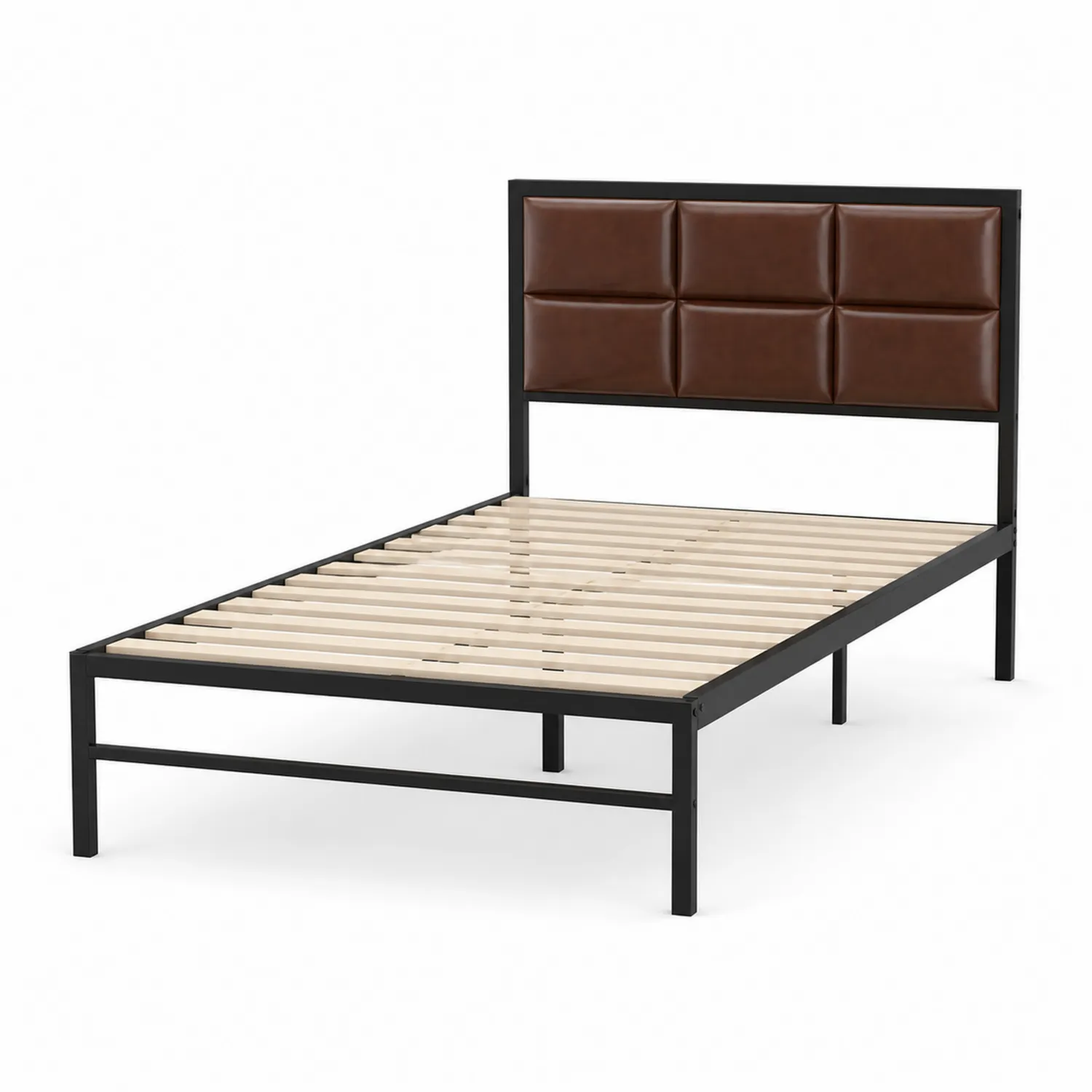 Bett aus Metall mit schwarzem Rahmen und braunem Kunstleder-Kopfteil 200x140 cm