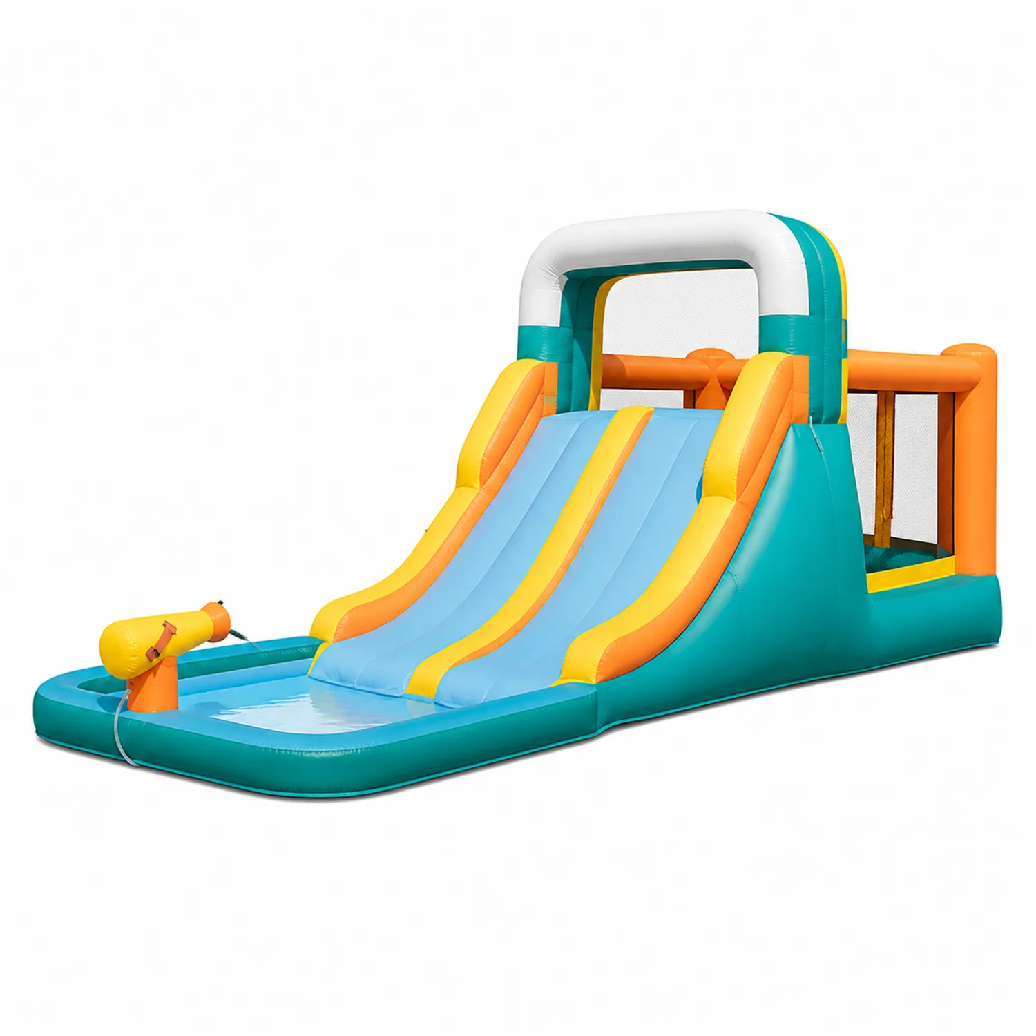 Aufblasbare PVC-Wasserrutsche mit Doppelrutsche und Spritzpistole Mehrfarbig