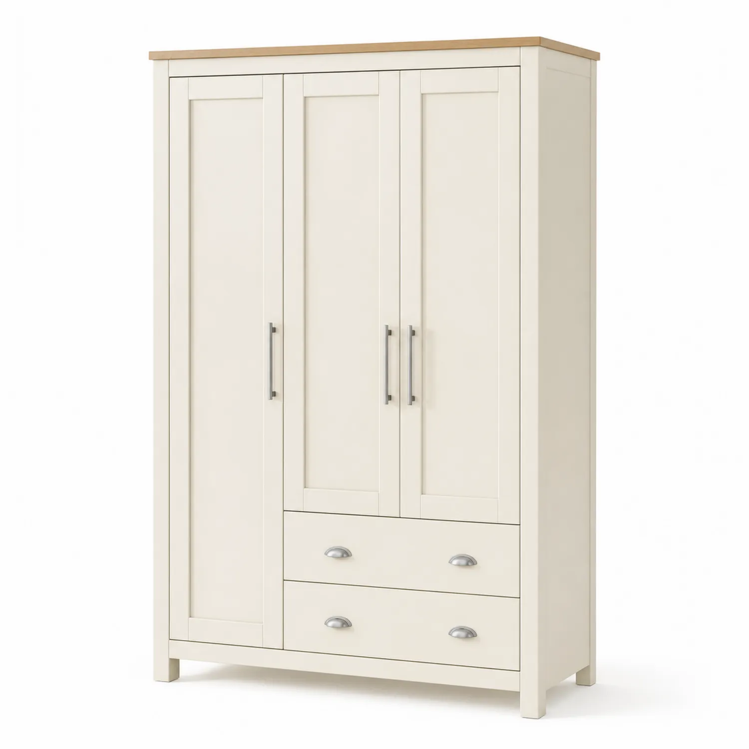 Schrank mit Drehtüren und Schubladen, MDF und Eichenfurnier, Creme