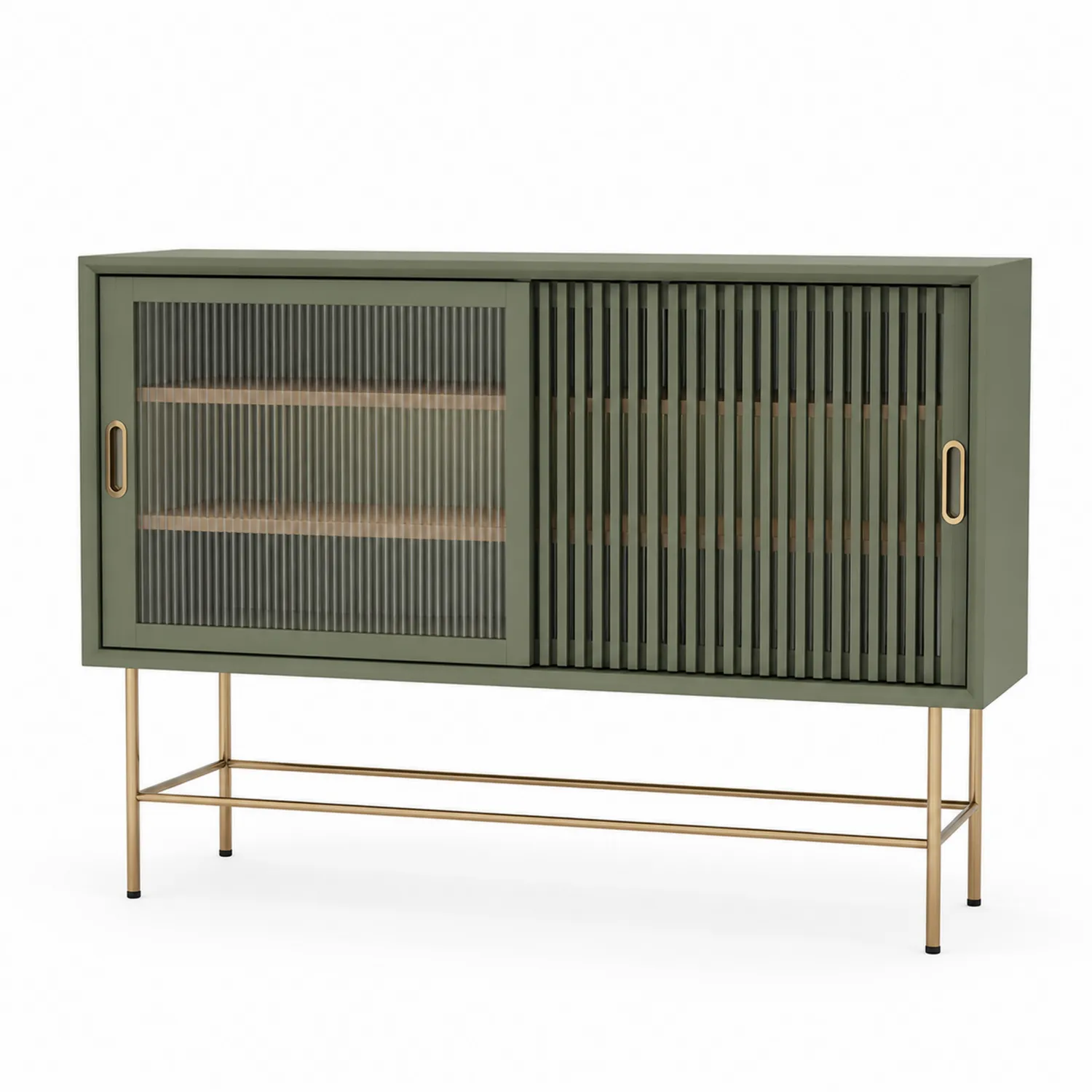 Sideboard Holzgrün mit Schiebetüren und Metallrahmen aus MDF und Sicherheitsglas