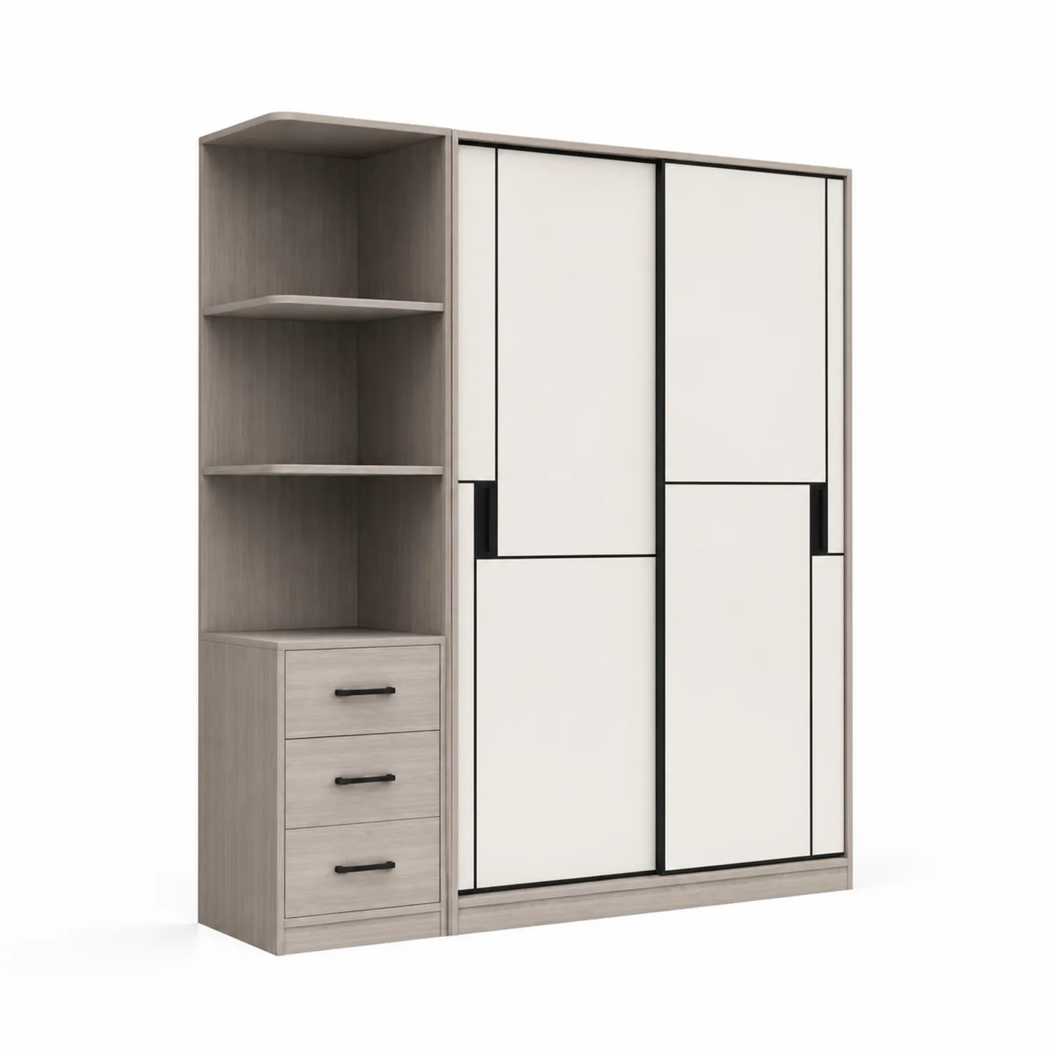 Kleiderschrank mit Schiebetüren und Regalen, Weiß/Holzoptik