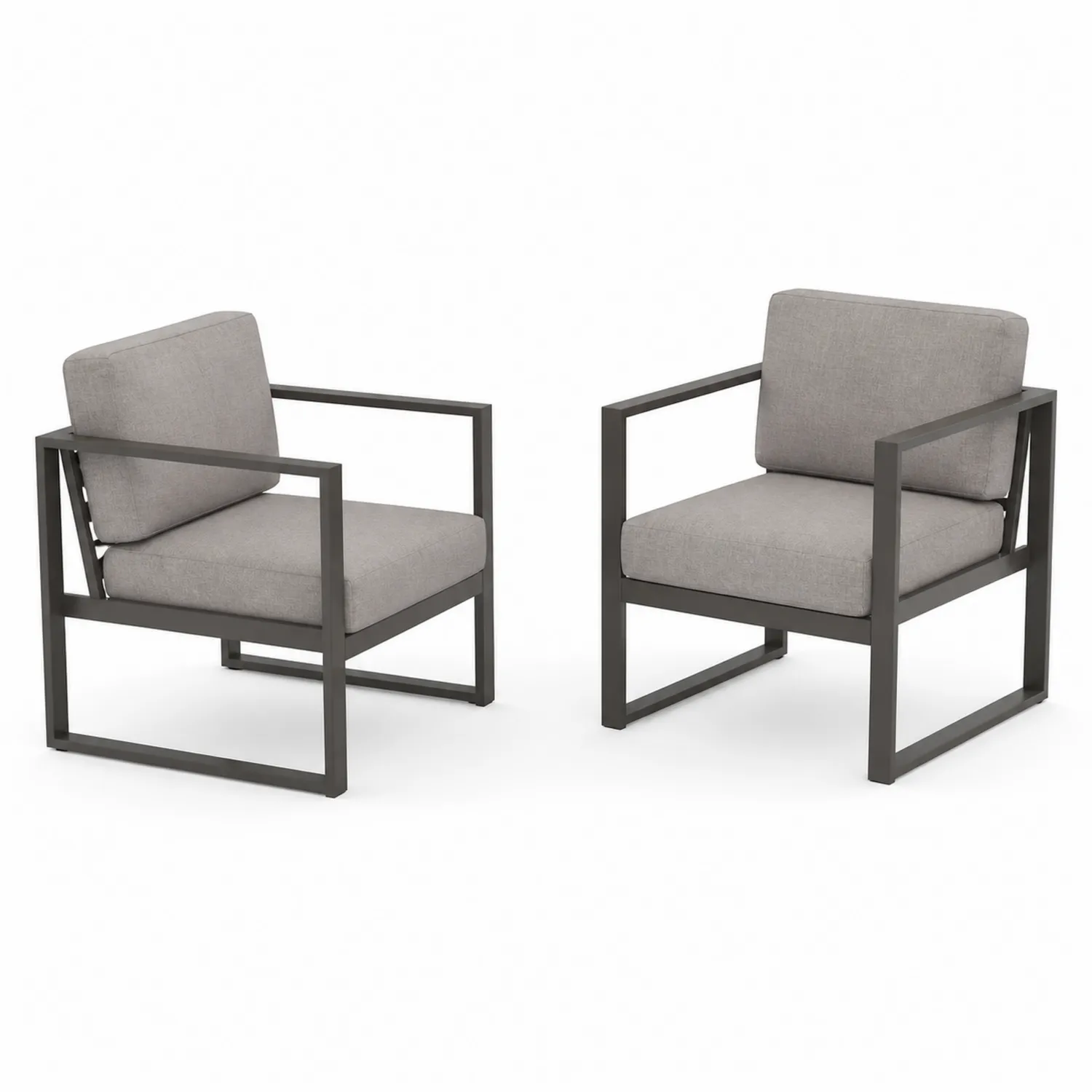 Zwei Sessel aus Aluminium mit grauen Polyesterpolstern