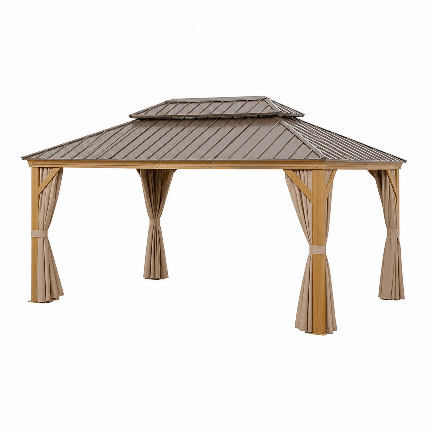 Gazebo in Legno e Acciaio con Tende Poliestere 400x300 cm