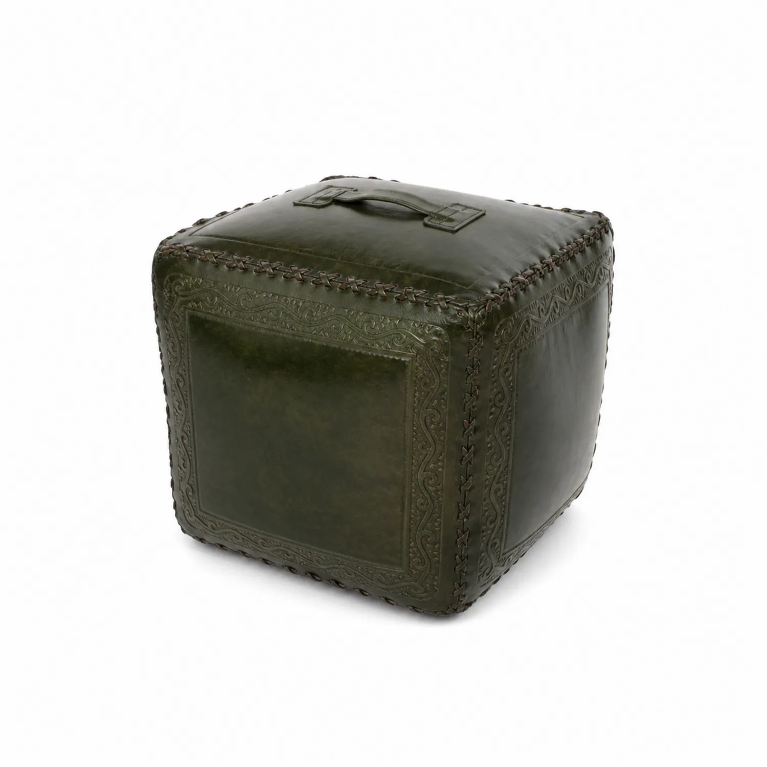 Pouf cubico in pelle bovina verde 45x45x45 cm