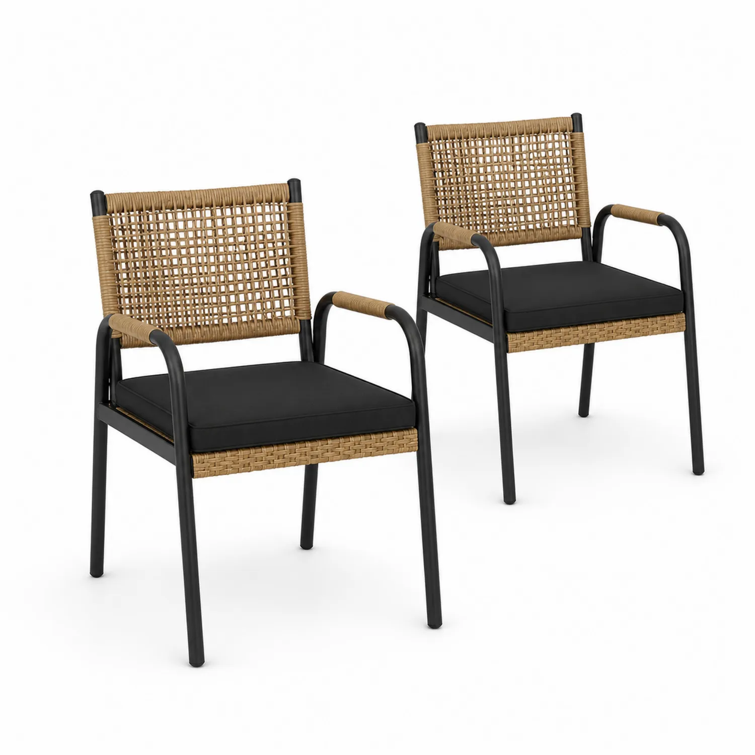 Set di 2 sedie in metallo e rattan con cuscini neri