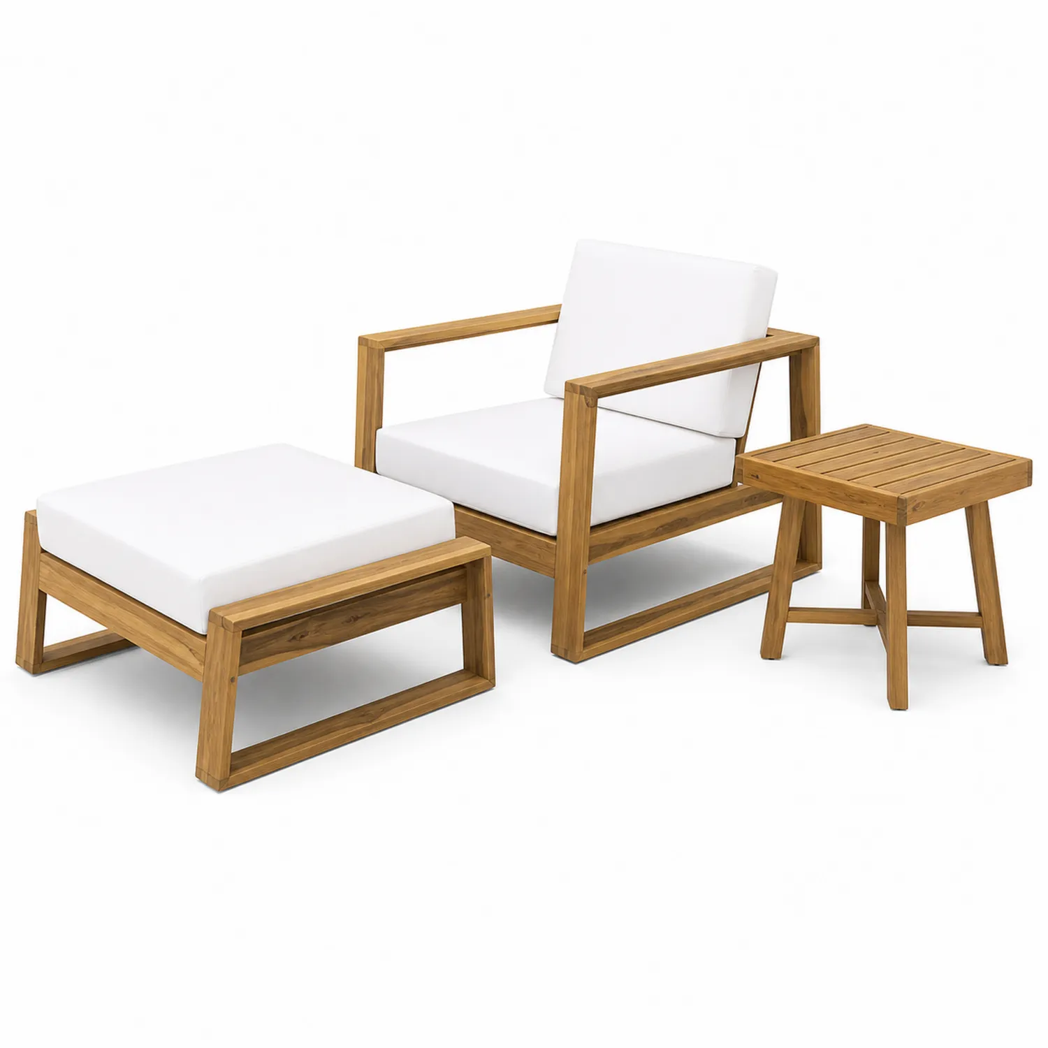 Set da giardino in legno di teak e poliestere bianco con poltrona, poggiapiedi e tavolino