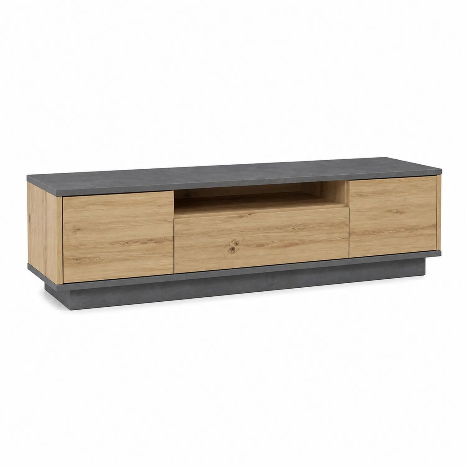 Mobile TV in legno e calcestruzzo con 2 ante e ripiano aperto, 180x40x45 cm
