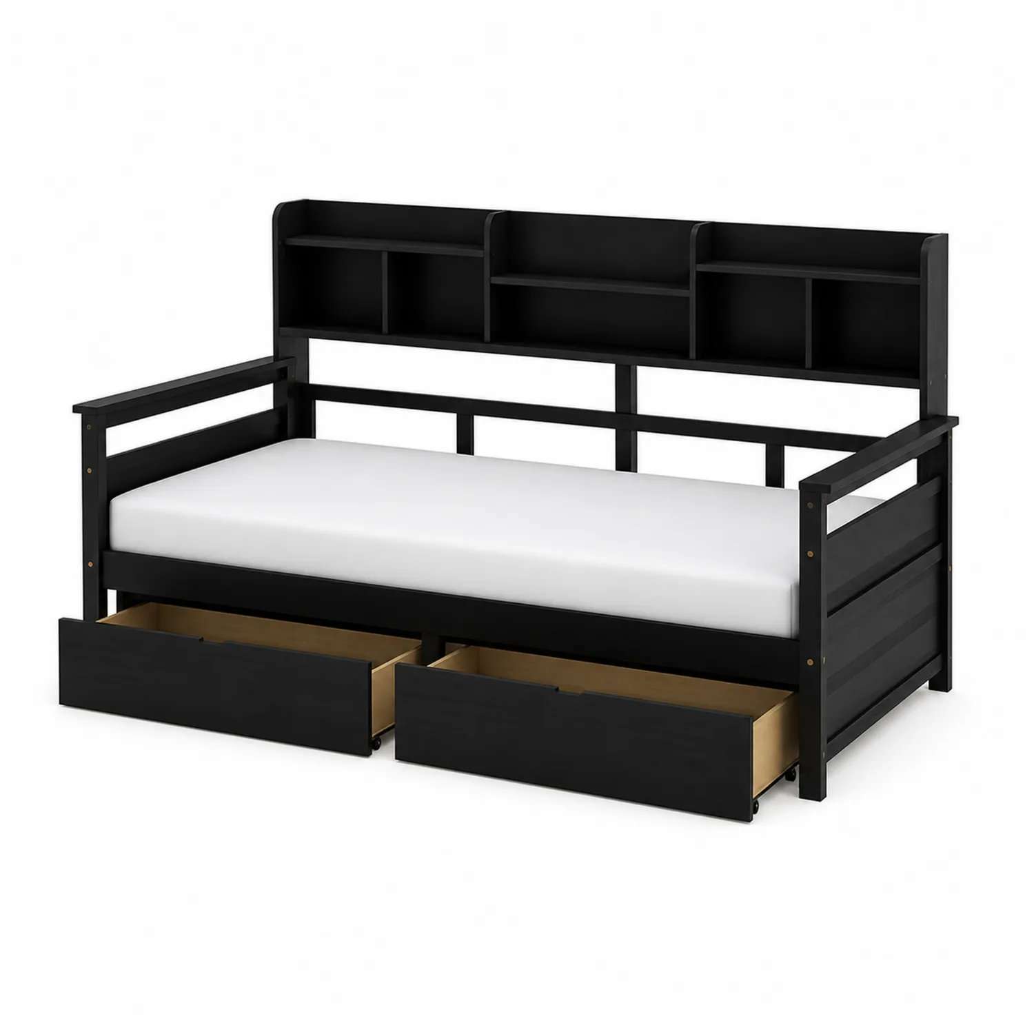 Letto Divano in Legno Nero con Cassetti e Ripiani