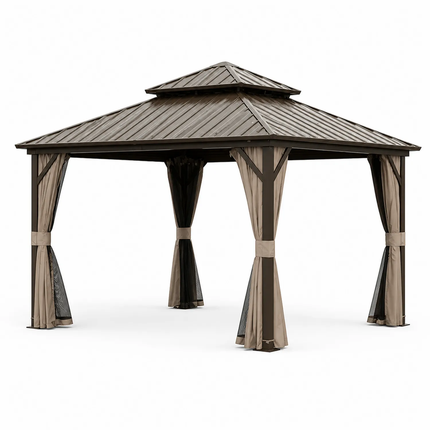 Gazebo in Alluminio con Tetto in Acciaio e Tende Beige