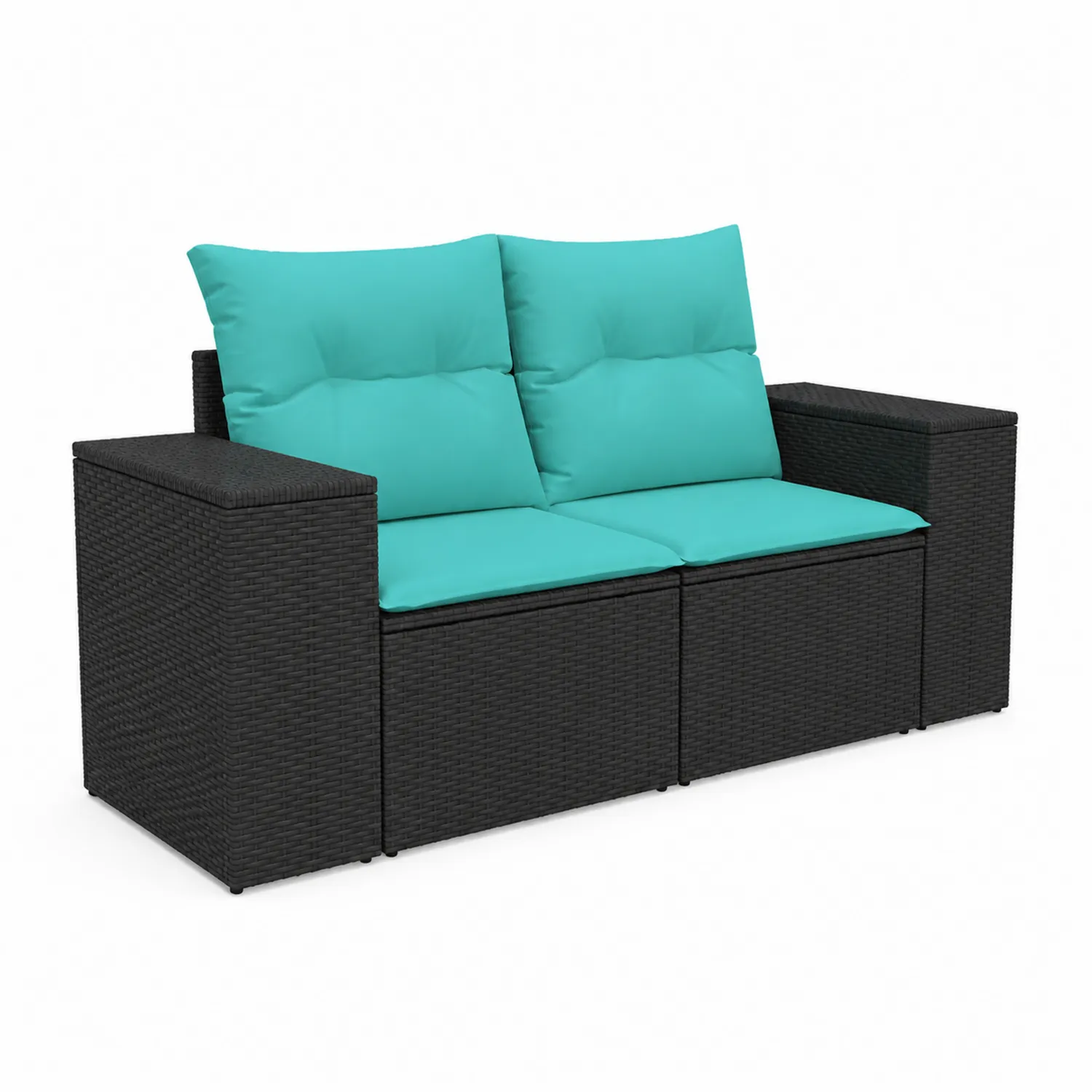 Divano da Giardino in Rattan Nero con Cuscini Verde Acqua, 2 Posti