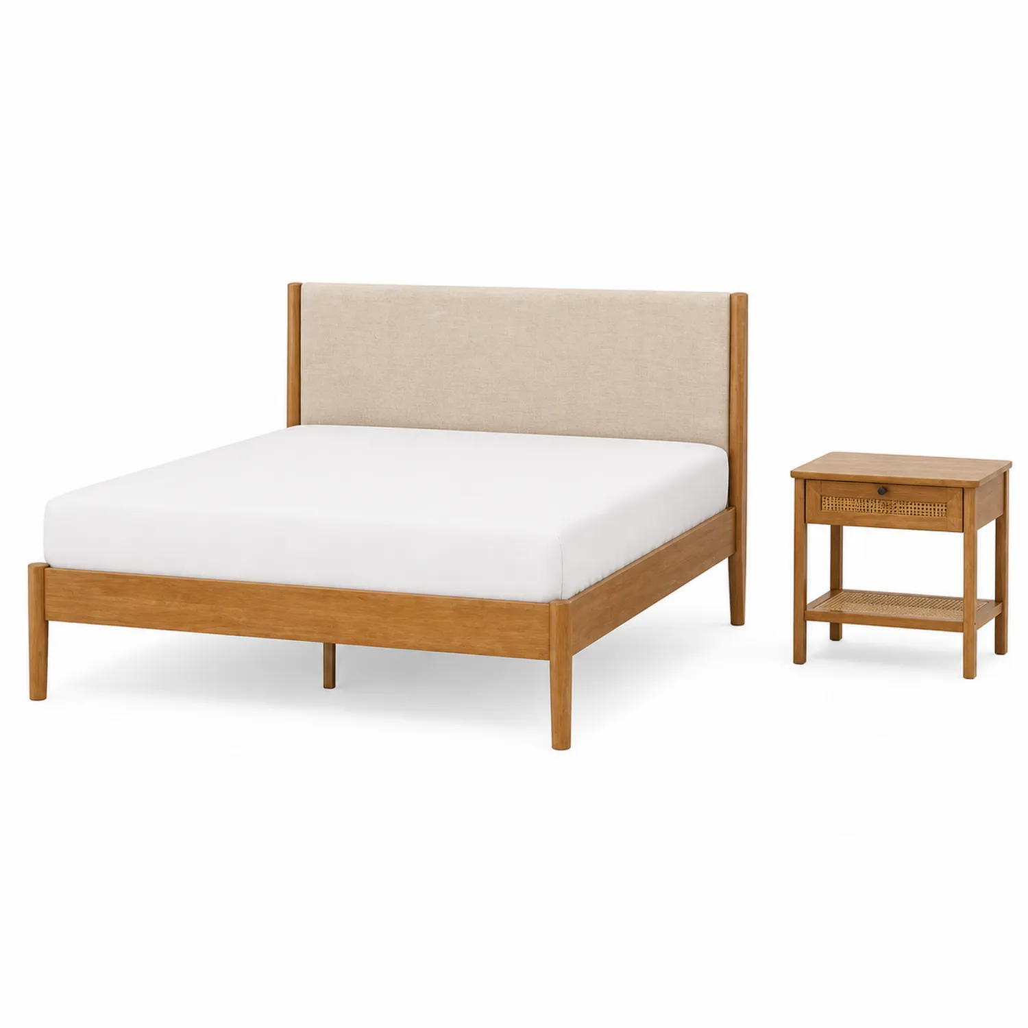 Letto matrimoniale in legno e tessuto con comodino 200x160 cm