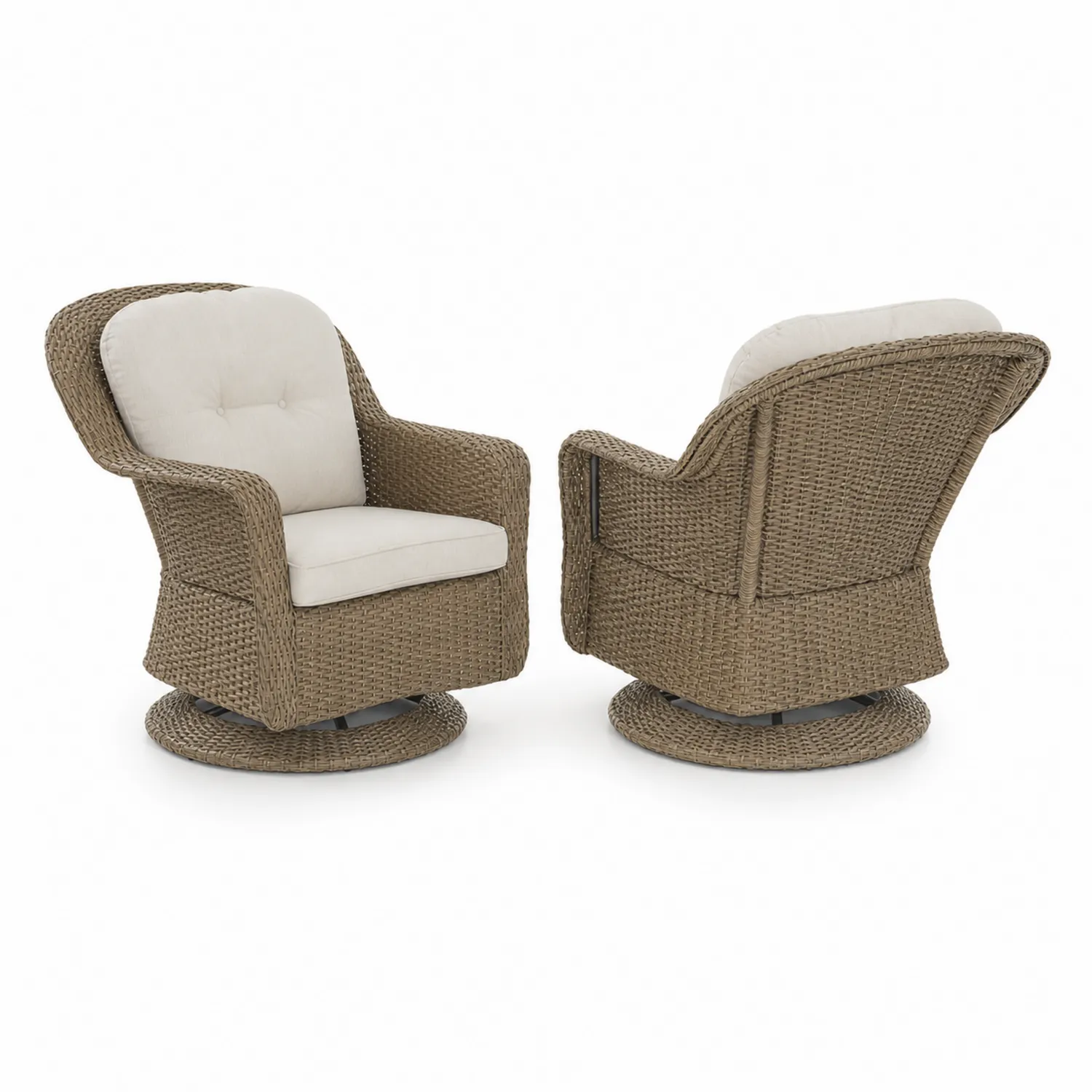 Set di 2 Poltrone Girevoli in Rattan Sintetico con Cuscini Beige